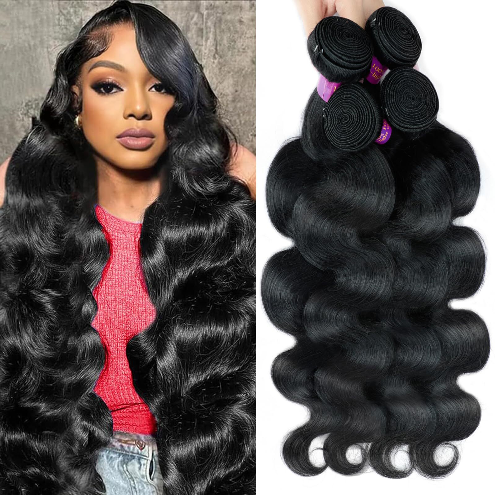 12A Human Hair Bundles14 16 18 20 Inch Body Wave Bundles Human Hair 4 Bundles100% Unprocessed Brazilian Virgin Hair Quick Weave Extensions Natural Black