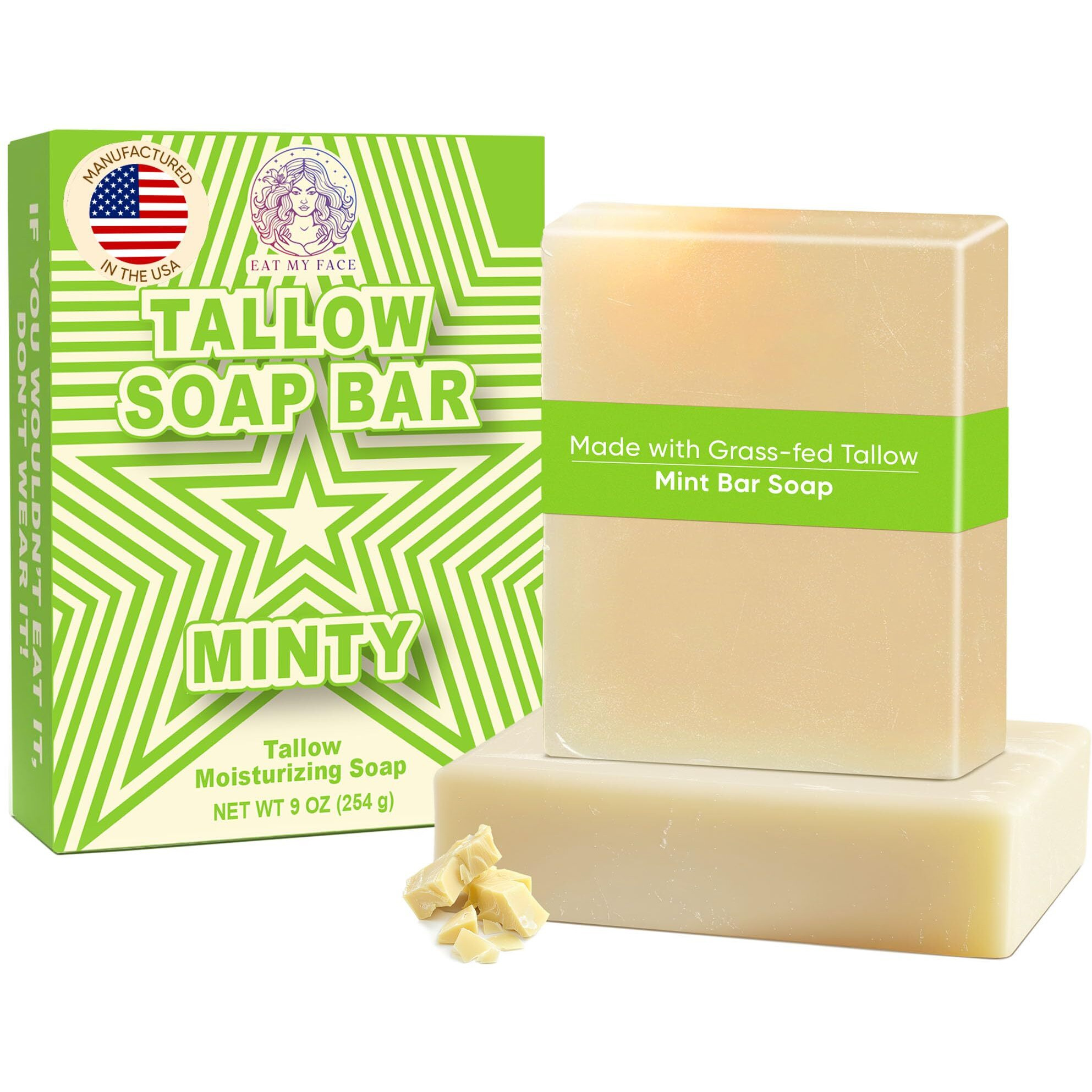 Beef Tallow Soap Bar Grass Fed - Organic Body Soaps, Face Tallow Soap Bar For Women - All Natural Soaps For Sensitive Skin, Moisturizing & Nourishing Cleanser For All Skin Types, In Minty Scent