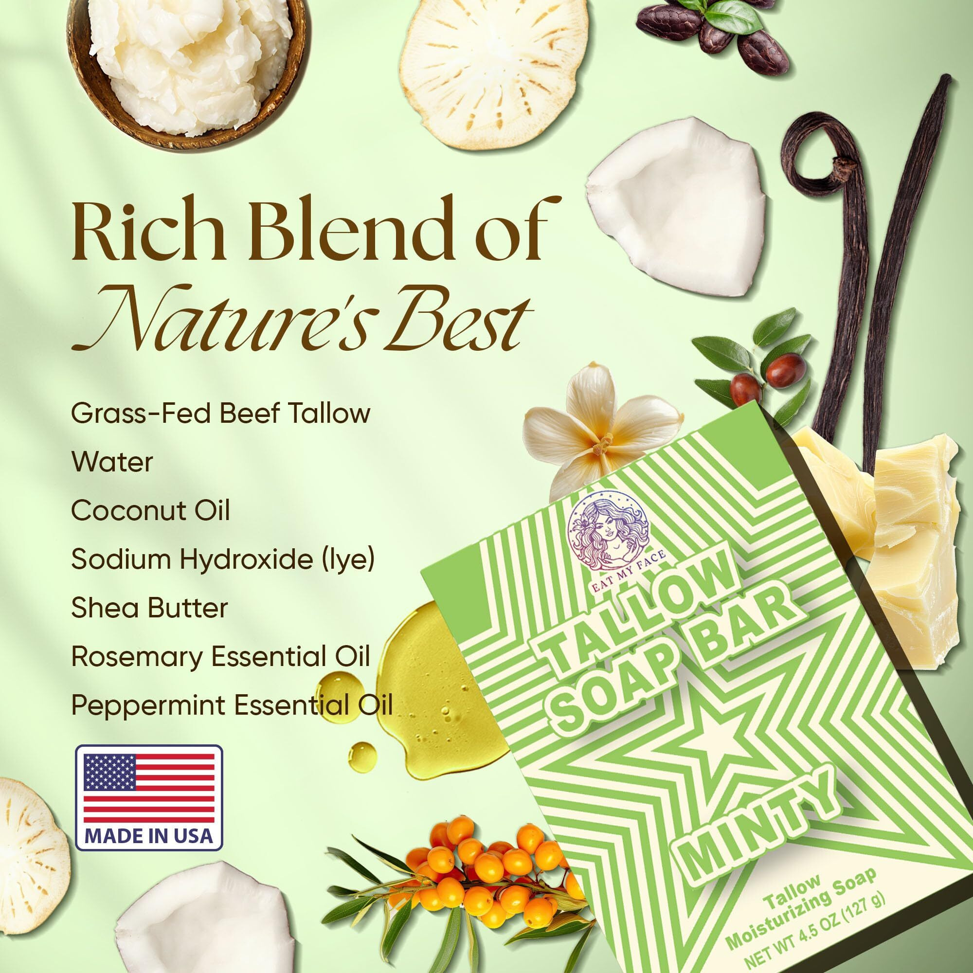 Beef Tallow Soap Bar Grass Fed - Organic Body Soaps, Face Tallow Soap Bar For Women - All Natural Soaps For Sensitive Skin, Moisturizing & Nourishing Cleanser For All Skin Types, In Minty Scent