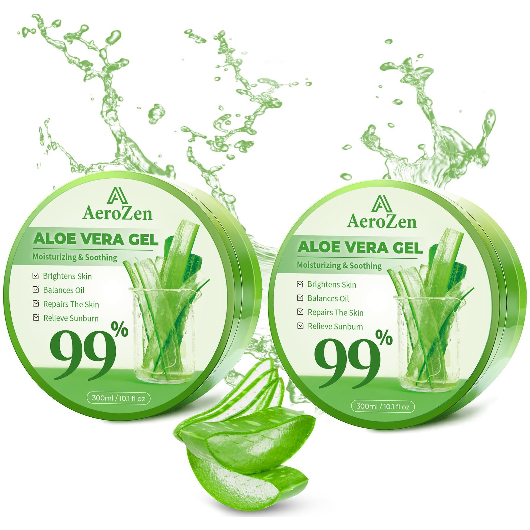 Aero Zen 99% Pure & Organic Aloe Vera Gel - 2-Pack (20.2Oz) | Daily & Sun Care Hydration | Lightweight, Non-Greasy, Alcohol-Free For Face, Body, Hair | Vegan