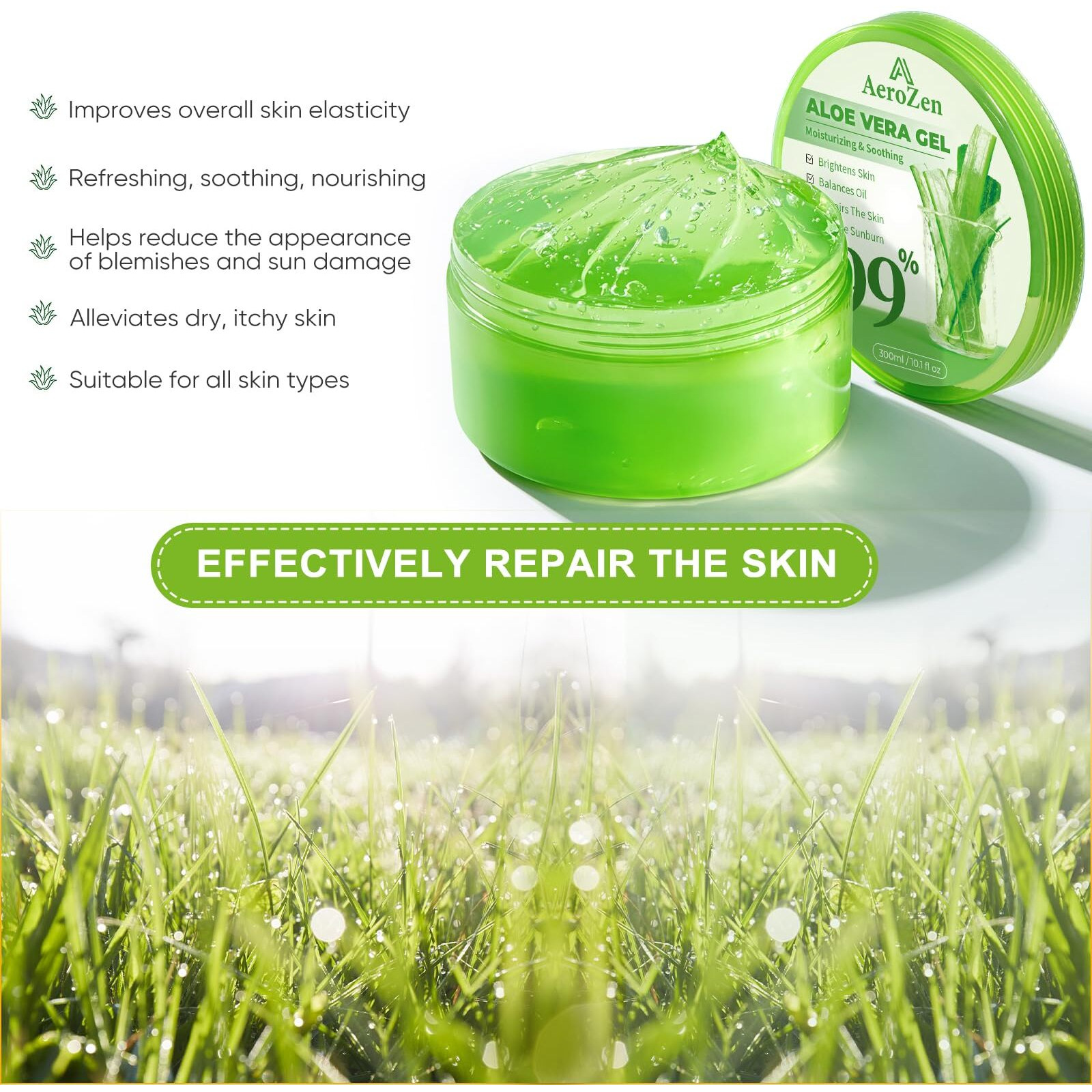 Aero Zen 99% Pure & Organic Aloe Vera Gel - 2-Pack (20.2Oz) | Daily & Sun Care Hydration | Lightweight, Non-Greasy, Alcohol-Free For Face, Body, Hair | Vegan