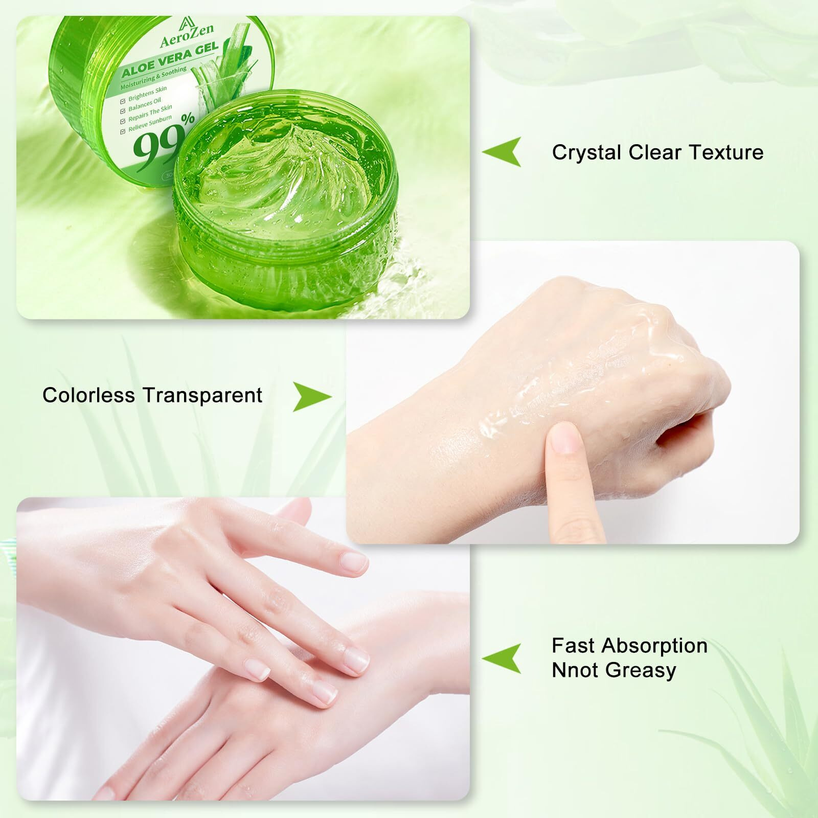 Aero Zen 99% Pure & Organic Aloe Vera Gel - 2-Pack (20.2Oz) | Daily & Sun Care Hydration | Lightweight, Non-Greasy, Alcohol-Free For Face, Body, Hair | Vegan