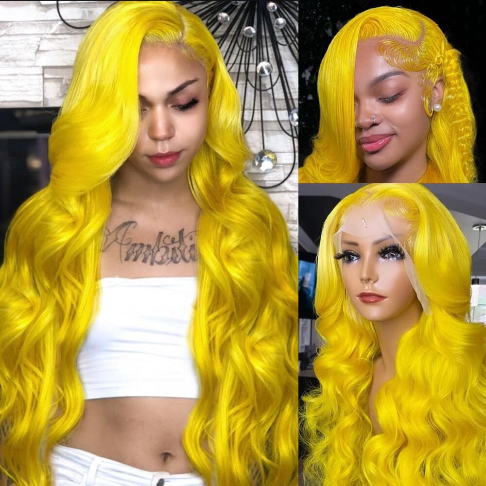 Kegoo Yellow Wig Human Hair 13X4 Yellow Lace Front Wig Human Hair Pre Plucked 200% Density Body Wave Lace Front Wigs Colored Wig For Women 22 Inch