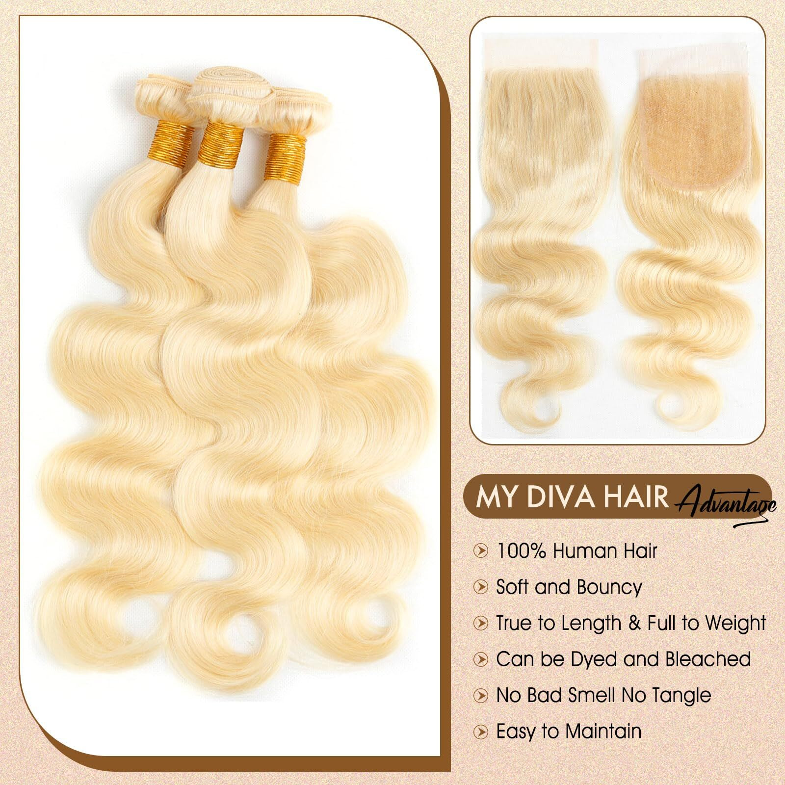 613 Bundles Human Hair With Closure 20 22 24 + 18 Inch Blonde Body Wave Human Hair 3 Bundles With 4X4 Transaprent Lace Closure 100% Unprocessed Virgin Human Hair Weave Extensions With Closure