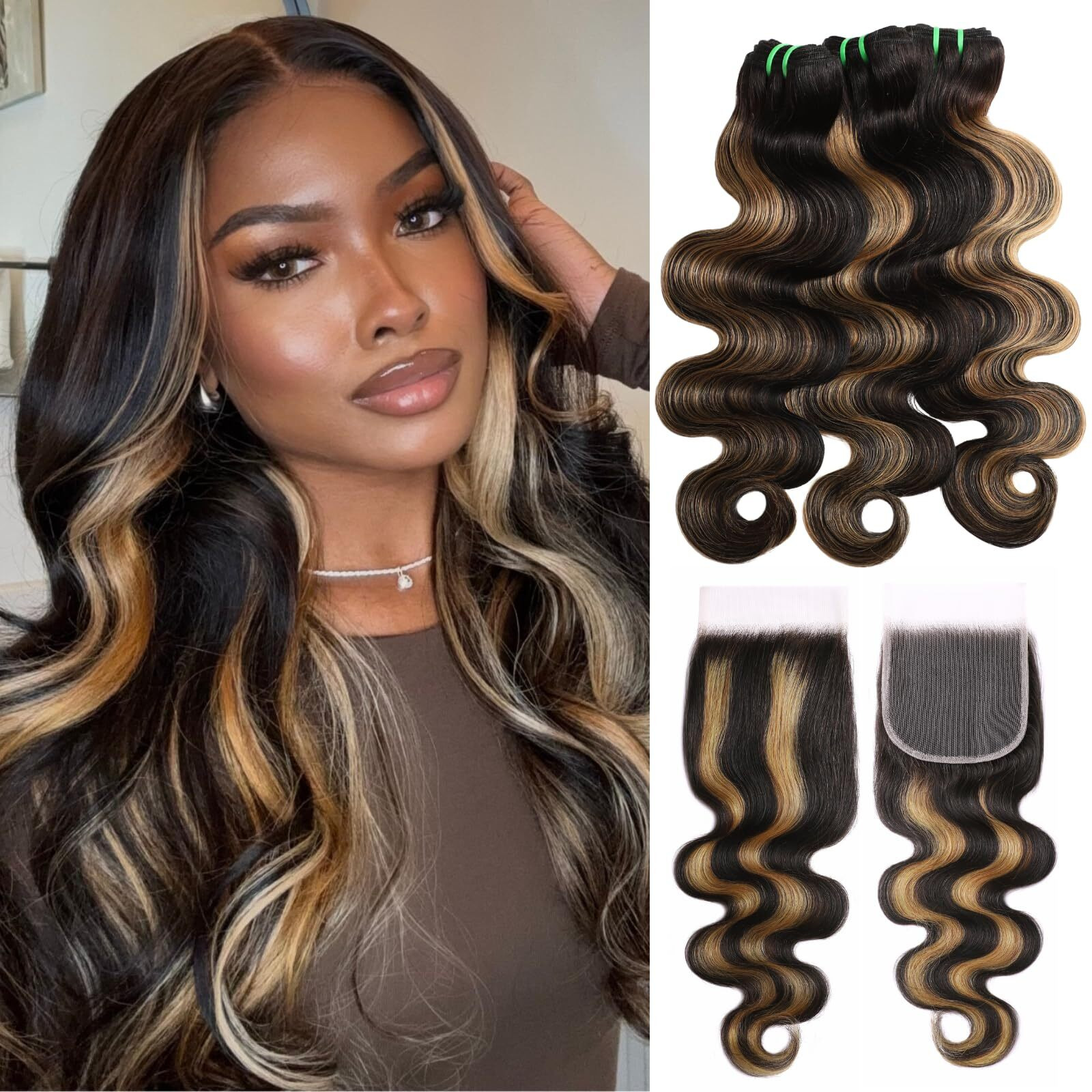 Hermous 13A Double Drawn Highlight F1B/27 Bundles With 4X4 Closure Body Wave Human Hair 18 20 22+18 In, Free Part 4X4 Hd Lace Closure And 3 Bundles Remy Hair Ombre Colored Black And Honey Light Brown