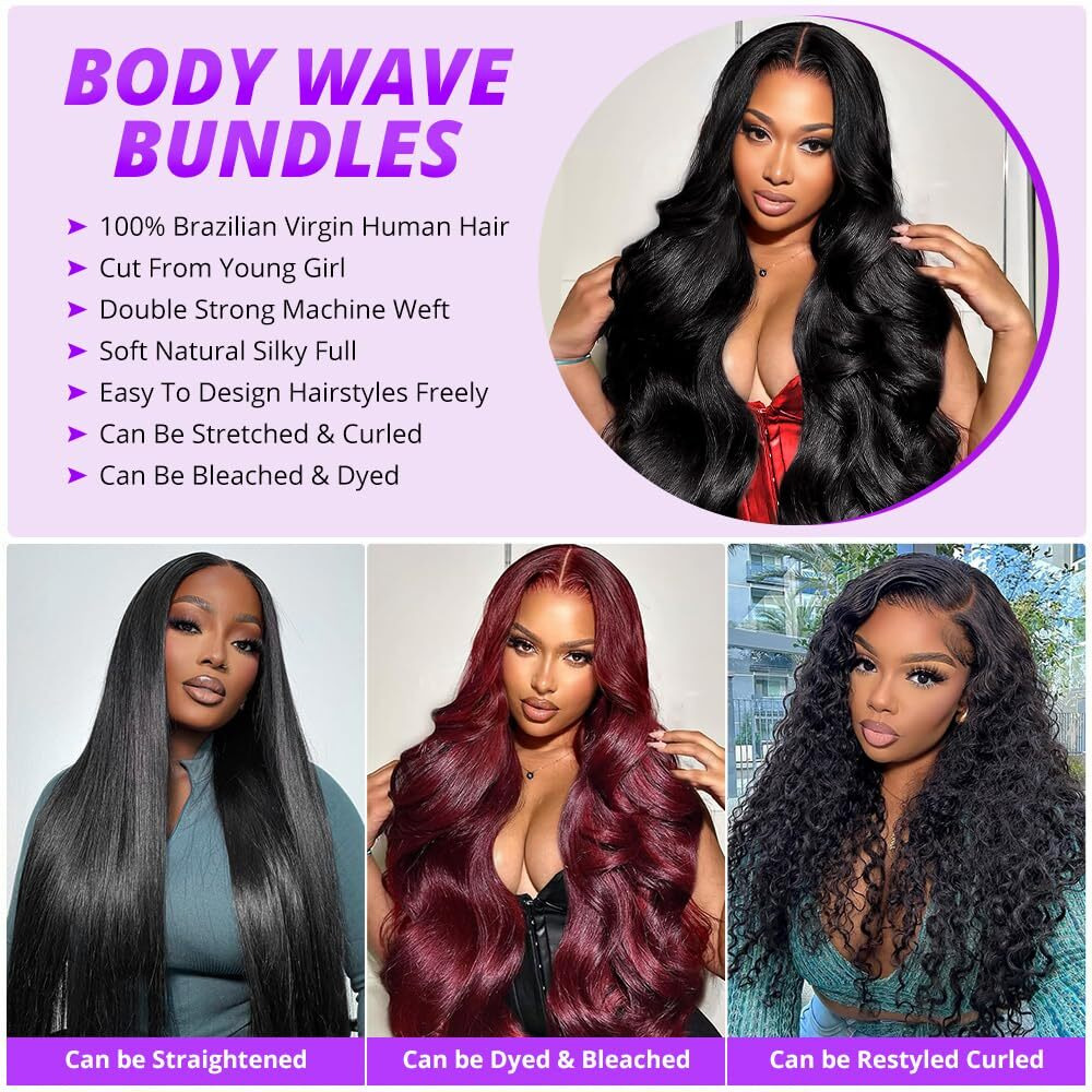 12A Human Hair Bundles 24 Inch Body Wave Bundles Human Hair 100% Unprocessed Brazilian Virgin Weave 1 Bundle For Women Natural Black Wavy Human Hair Extensions