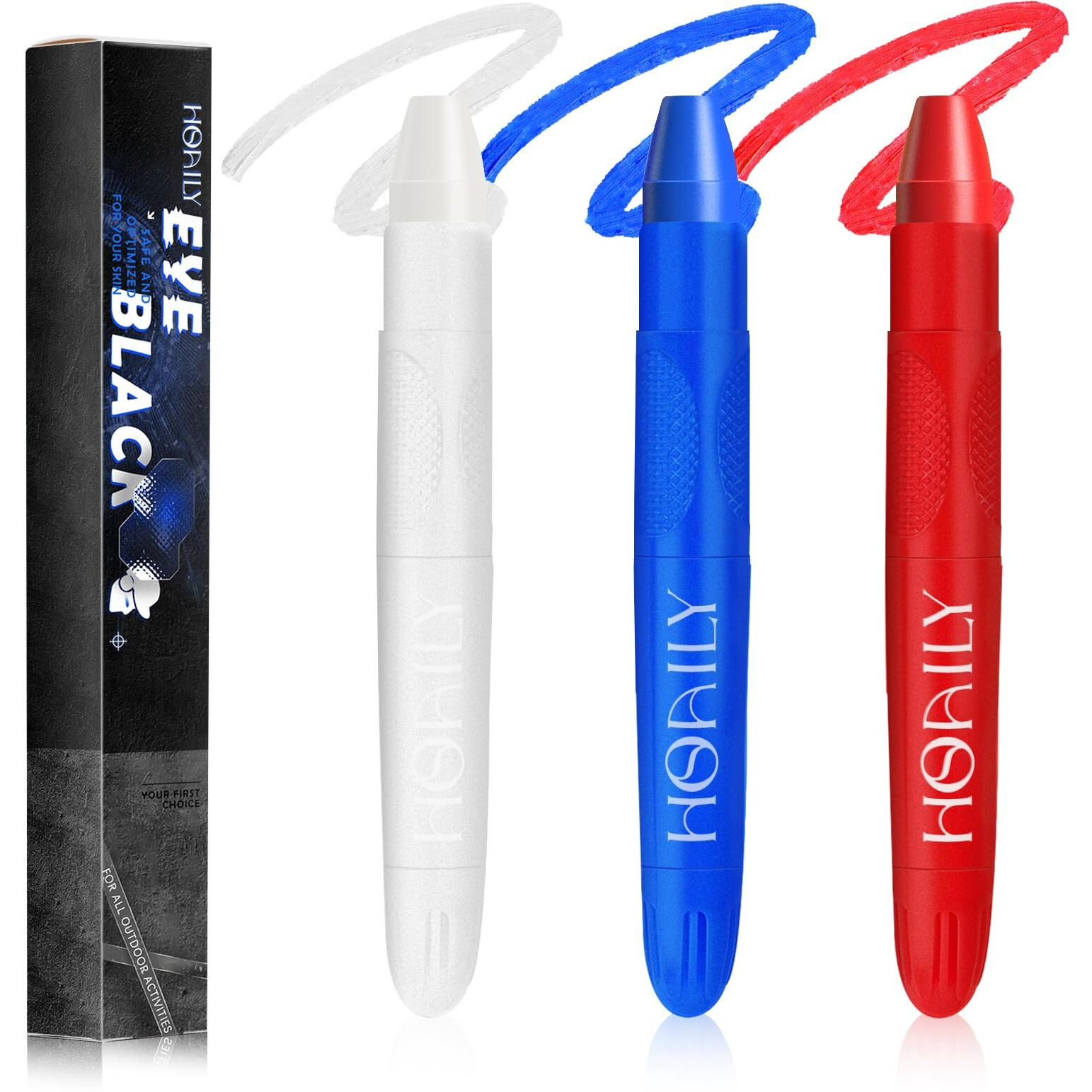 Hosaily 3Pcs Eye Black Stick For Sports, Easy To Color Face Body Paint Eye Black For Baseball Softball Football Lacrosse, Halloween Costume Cosplay Parties Face Eye Paint Makeup Stick (Blue+Red+White)