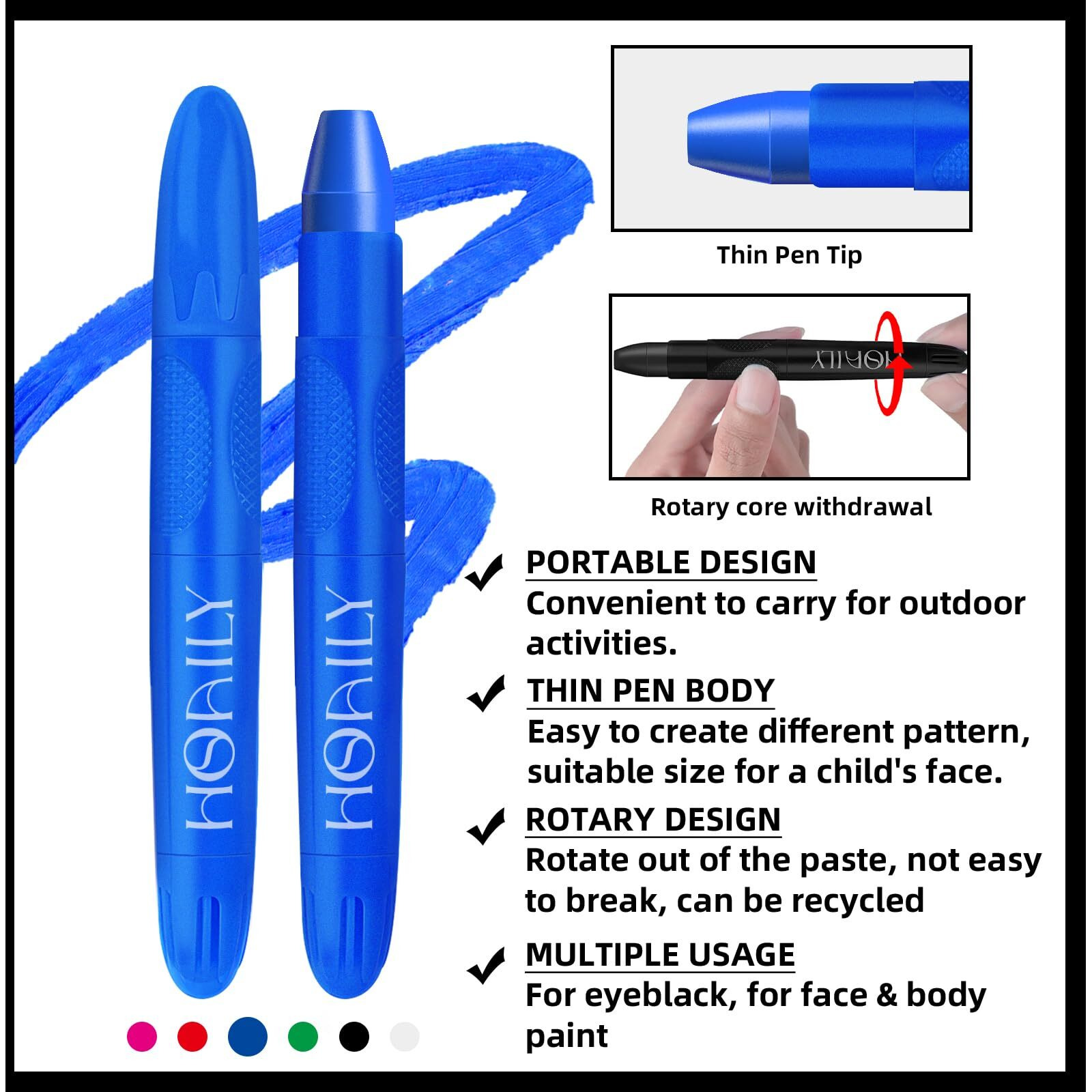 Hosaily 3Pcs Eye Black Stick For Sports, Easy To Color Face Body Paint Eye Black For Baseball Softball Football Lacrosse, Halloween Costume Cosplay Parties Face Eye Paint Makeup Stick (Blue+Red+White)