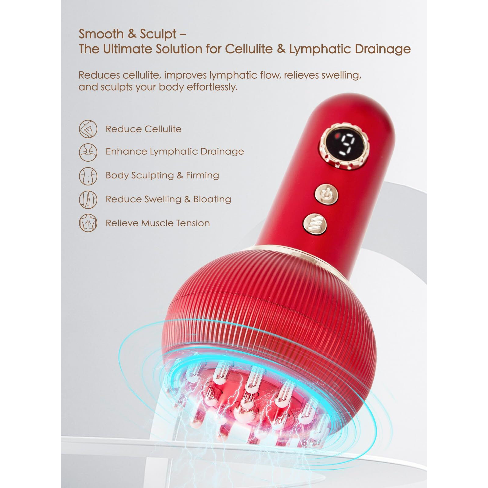 Paiaito Lymphatic Drainage Massager & Anti Cellulite Massage Tool, Helps Reduce Stretch Marks & Cellulite, For Legs, Arms & Belly, Body Sculpting Machine With Microcurrent, Light, Heat & Vibration,Red