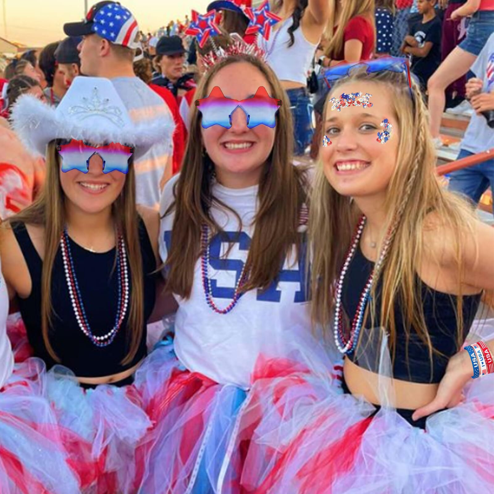 Mysense 4Th Of July Outfits For Women,4Th Of July Accessories Set With Red White And Blue Body Glitter,3 Usa Flag Sunglasses,9 Beaded Necklaces,6 Bracelets,Fourth Of July Outfit Women Kids