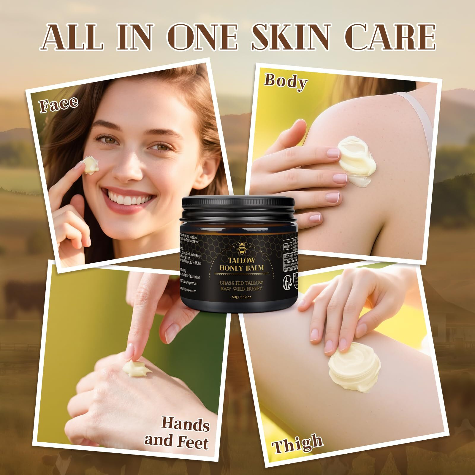 Meidu Beef Tallow For Skin,Tallow And Honey Balm,Organic Grass-Fed Beef Tallow Balm With Raw Wild Honey, Face And Body Moisturizer(60G)