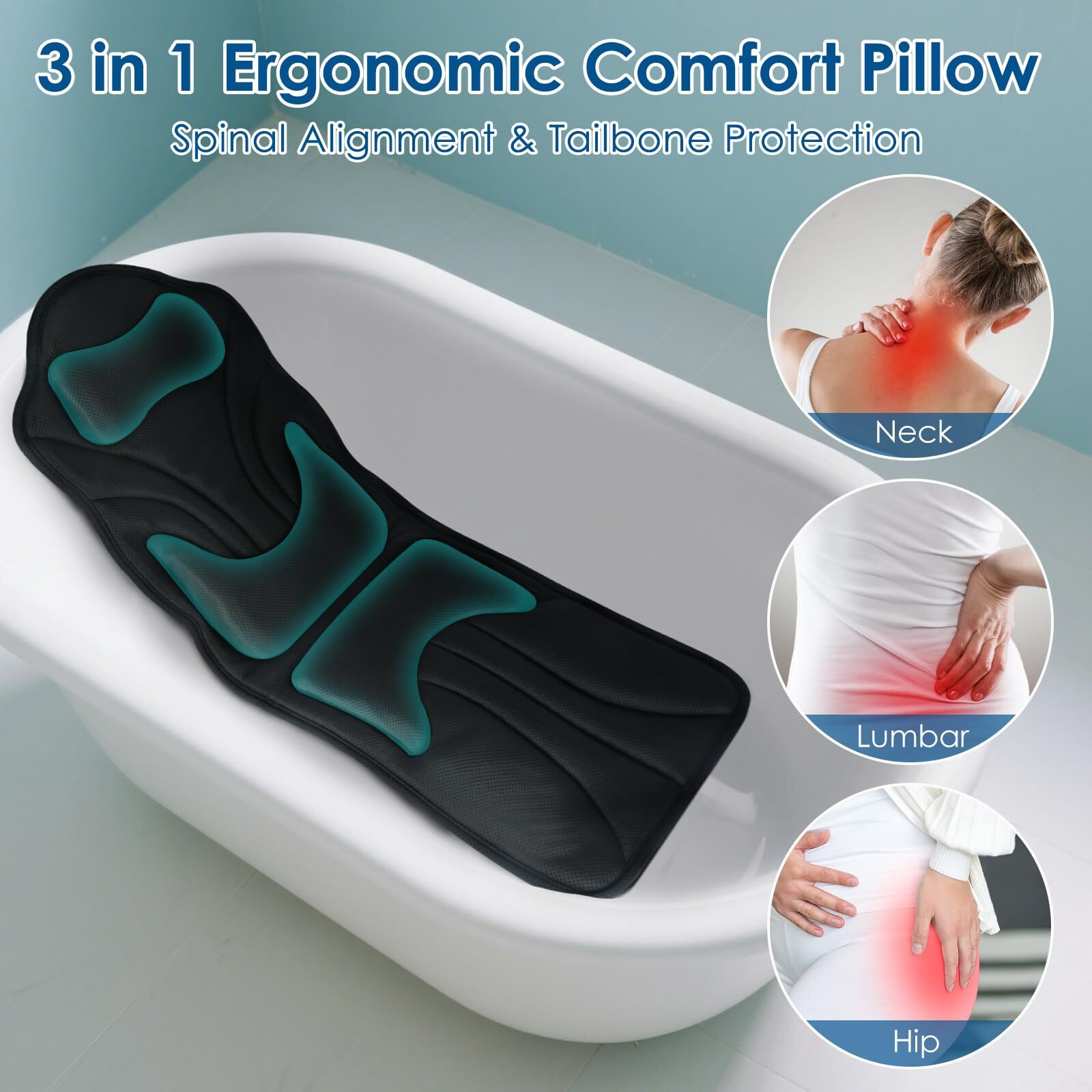 Atsuwell Full Body Bath Pillow For Bathtub, Ergonomic Bathtub Cushion For Neck, Waist, Hip Support, Luxury 3D Mesh Shower Pillow With Non-Slip Suction Cups & Dual Hooks, Pressure Relief, 51'' X17''