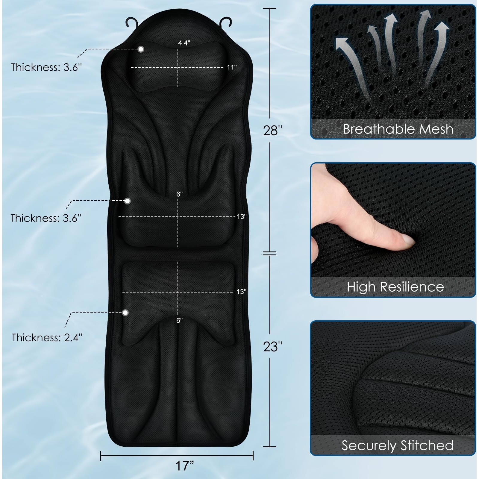 Atsuwell Full Body Bath Pillow For Bathtub, Ergonomic Bathtub Cushion For Neck, Waist, Hip Support, Luxury 3D Mesh Shower Pillow With Non-Slip Suction Cups & Dual Hooks, Pressure Relief, 51'' X17''