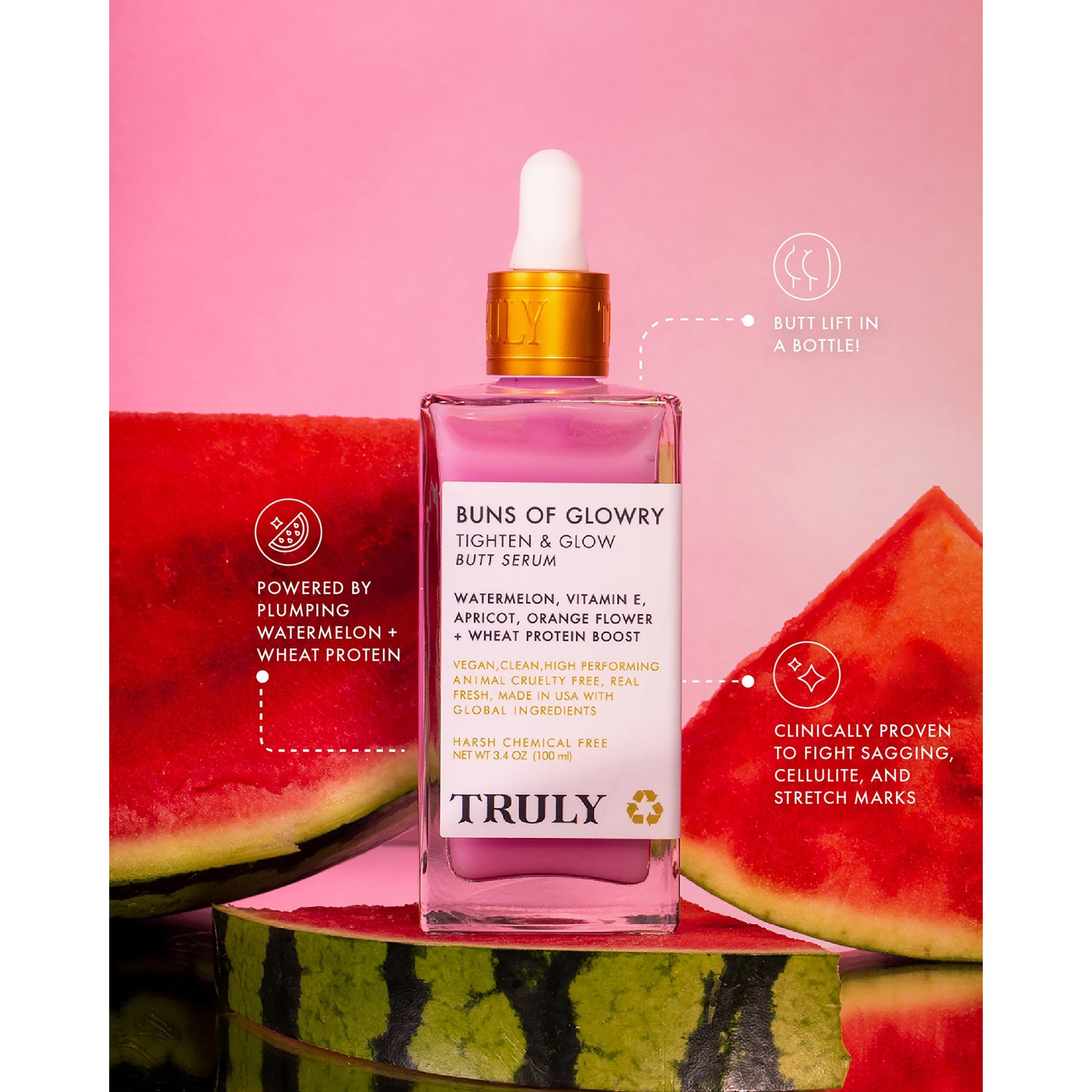 Truly Beauty Buns Of Glowry Glow & Tighten Serum, Skin Tightening Cream Serum, Cellulite Cream For Thighs And Buns Fast Absorbing. Butt Enhancement Cream And Firming Lotion - 3.1 Oz