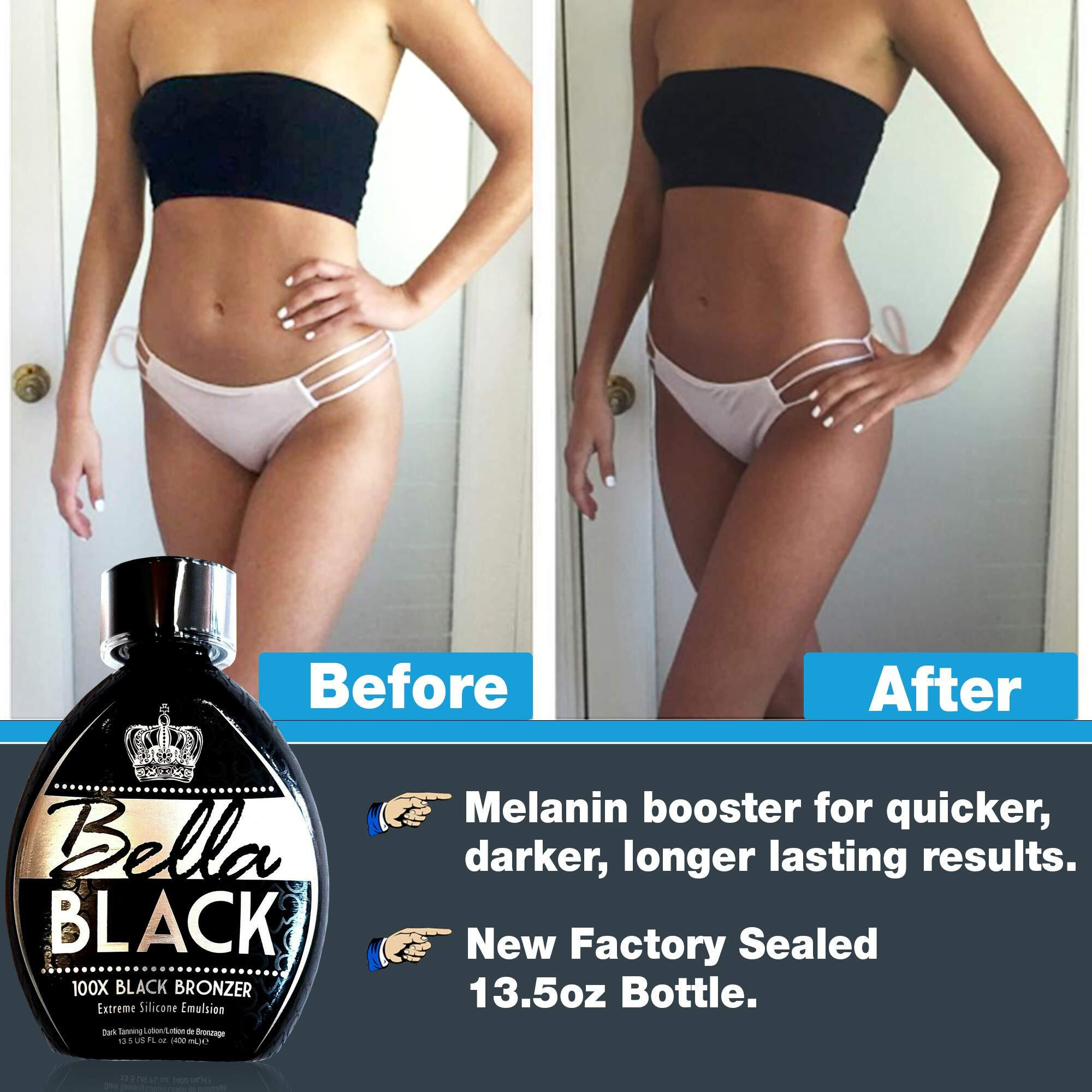 Bella Black 100X Bronzer Tanning Lotion - Premium Tanning Bed Lotion With Extreme Silicone Emulsion And Banana Fruit Extract - Instant Results - Dark Tanning Lotion For Indoor Tanning Beds - 13.5Oz