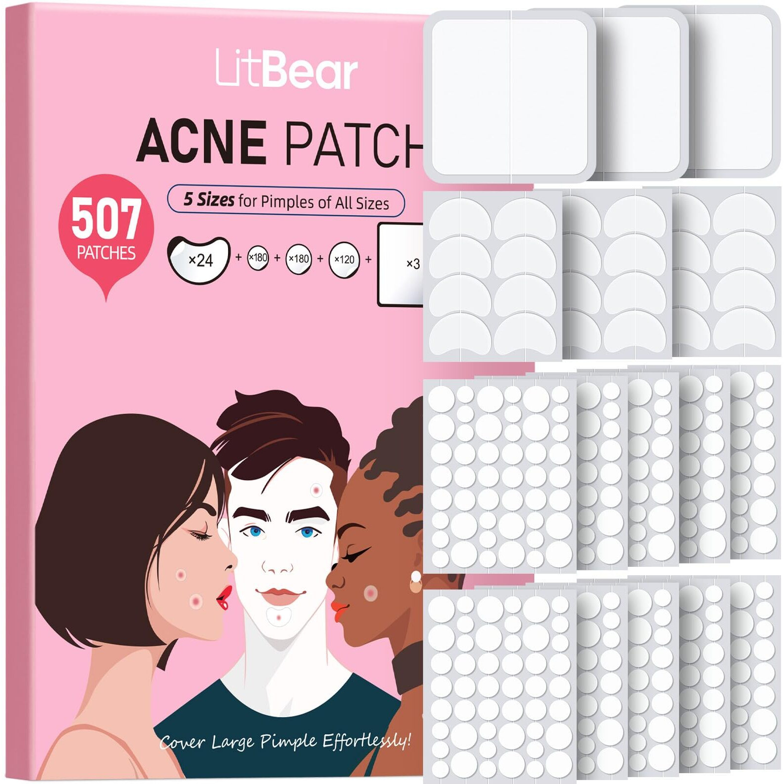 Litbear Pimple Patches For Face, Large Acne Patch, Xl Hydrocolloid Bandages,Zit Stickers For Forehead, Chin, Nose, Body, Back, And Chest, Includes Crescent, Square, And Dot (5 Sizes, 507 Patches)