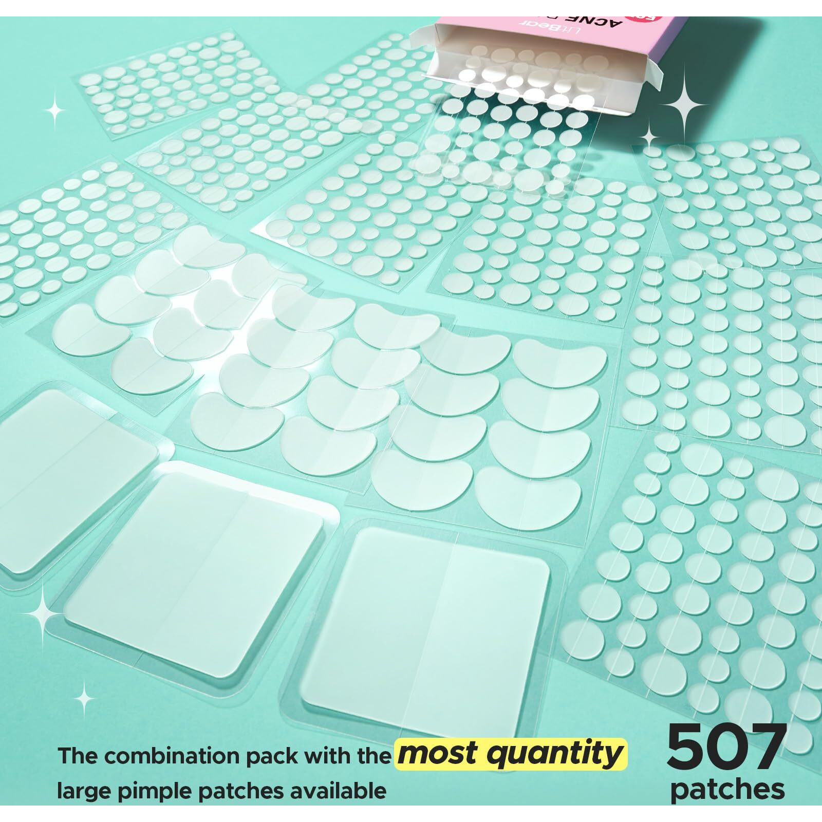 Litbear Pimple Patches For Face, Large Acne Patch, Xl Hydrocolloid Bandages,Zit Stickers For Forehead, Chin, Nose, Body, Back, And Chest, Includes Crescent, Square, And Dot (5 Sizes, 507 Patches)