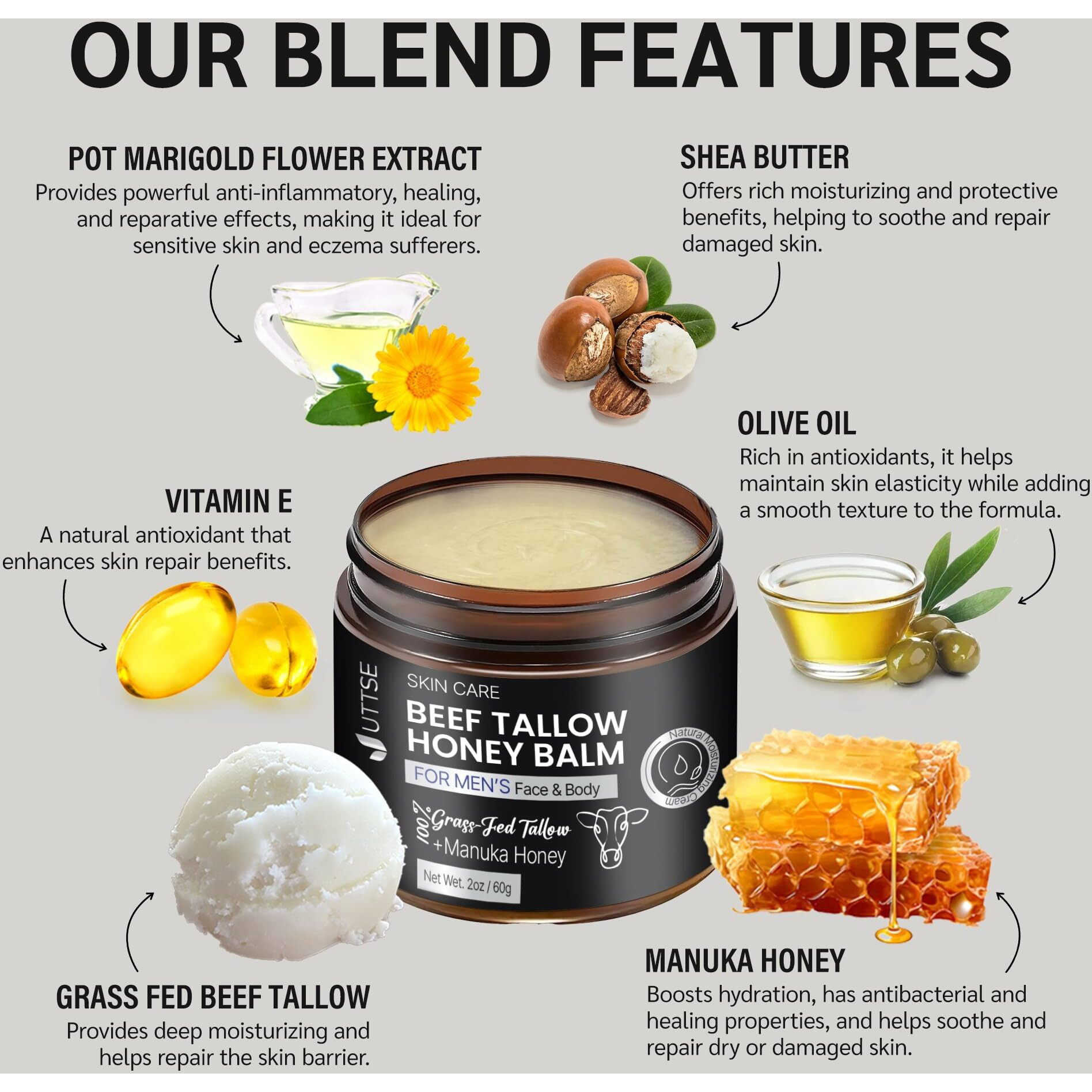 Uttse Beef Tallow Honey Balm For Skin100% Grass-Fed Beef Tallow Moisturizer For Face And Body - Tallow Balm With Olive Oil Manuka Honey For Sensitive Dry Skin Repair 2 Oz
