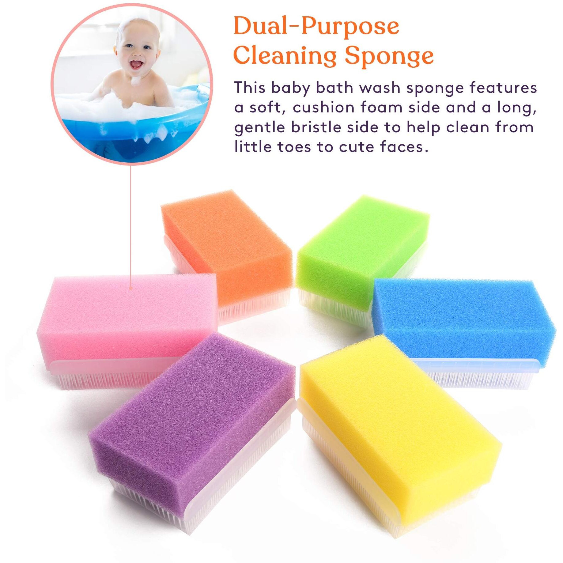 Special Supplies (6 Pack) Baby Bath Sponges Soft Foam Sensory Scrubber With Cradle Cap Bristle Brush - Body, Hair, And Scalp Cleaning - Gentle On Infant, Toddler Sensitive Skin - Great Sensory Feel