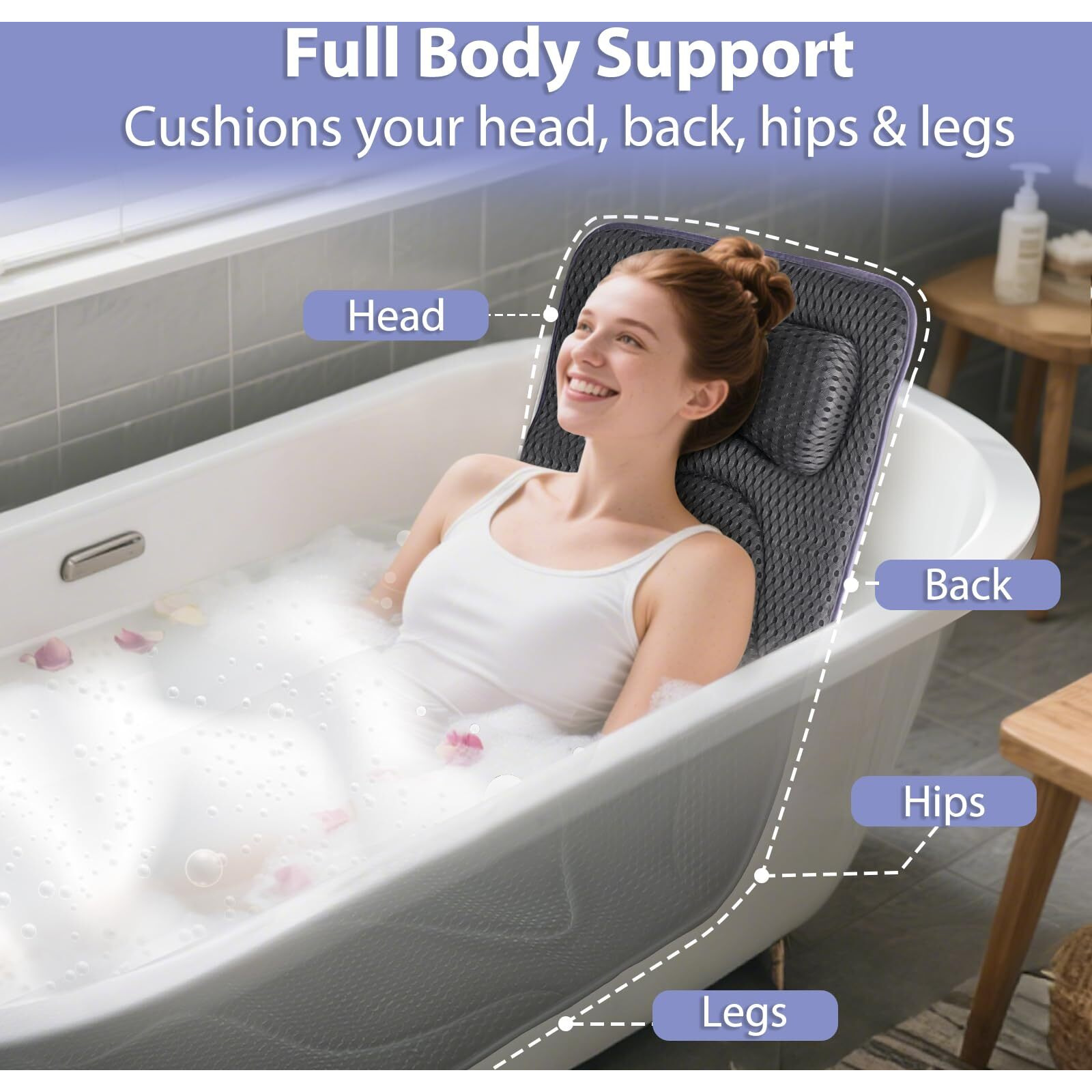 Poemland Full Body Bath Pillow For Tub - Luxury Bathtub Pillow For Full Back, Head And Neck Support, Quick Dry Bath Cushion, 168 Suction Cups, Bathtub Accessories For Gift