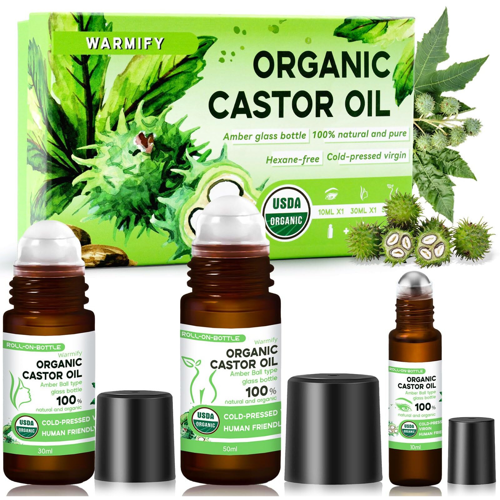 Warmify 3-In-1 Castor Oil Roll On For Eye,Face,Body Skin,Certified Organic Cold Pressed Castor Oil Roller Ball Unrefined Glass Bottle - Total 3.04 Fl.Oz