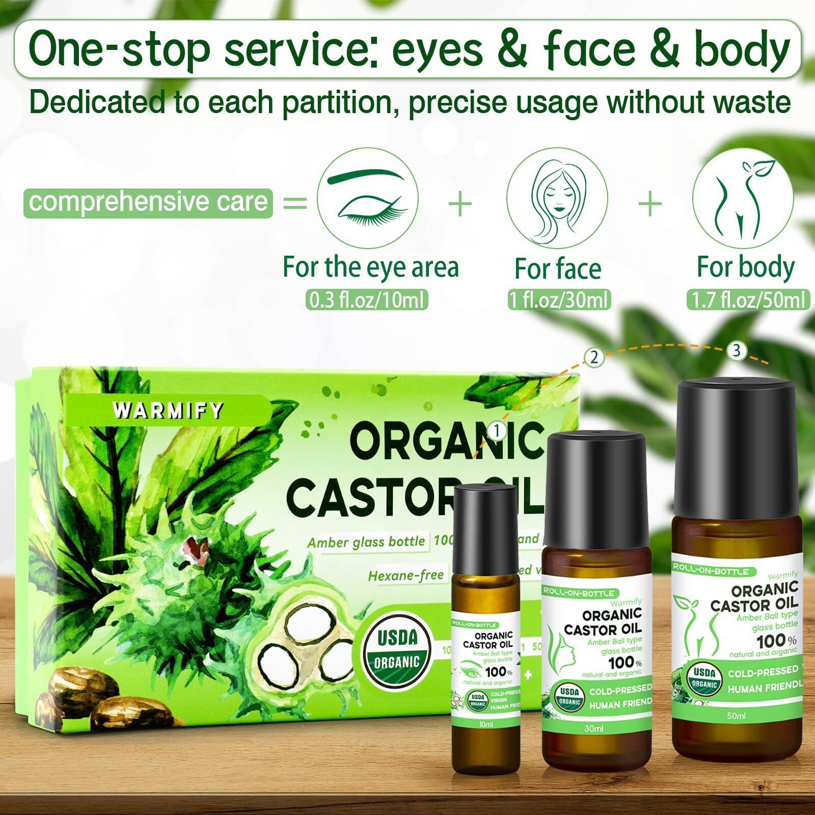 Warmify 3-In-1 Castor Oil Roll On For Eye,Face,Body Skin,Certified Organic Cold Pressed Castor Oil Roller Ball Unrefined Glass Bottle - Total 3.04 Fl.Oz