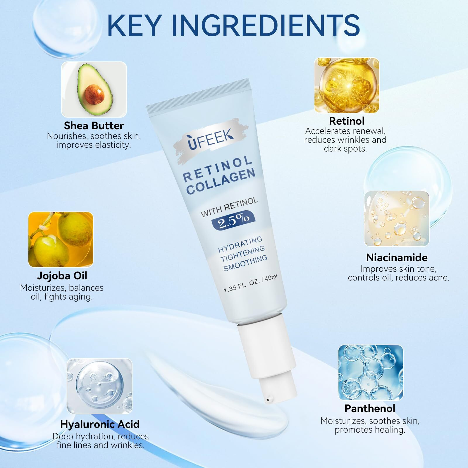 Retinol Moisturizer Face Cream With Collagen, Hyaluronic Acid - Anti Aging & Hydrating Cream For Face, Chest & Body - Instant Face Lift Cream, Neck Wrinkle Cream For Men & Women, 1.35 Fl Oz