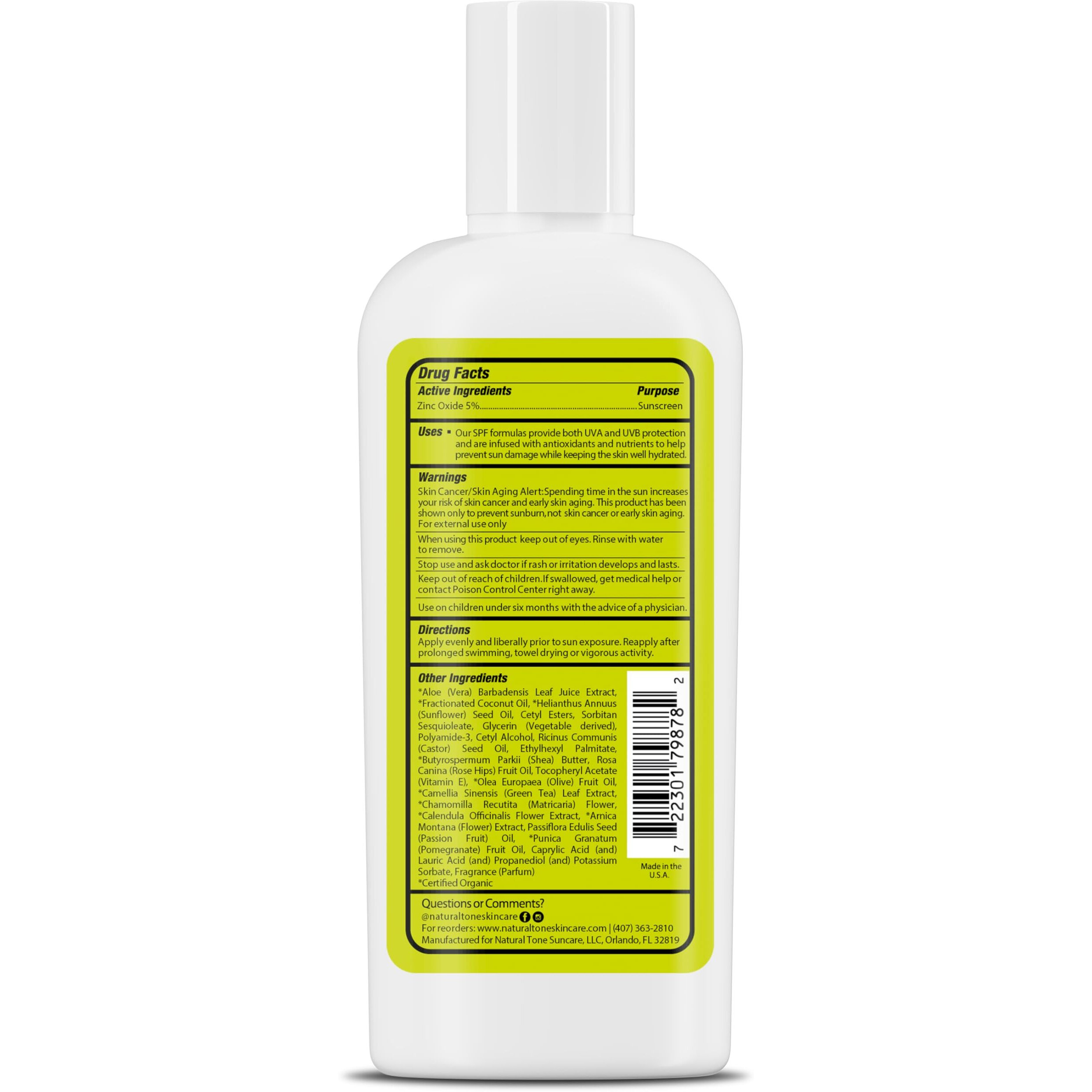 Natural Tone Organic Skincare Spf8 Broad Spectrum Mineral Sunscreen, Soothing And Hydrating, Vegan, Paraben-Free, Water-Resistant For Face And Body, 6Oz