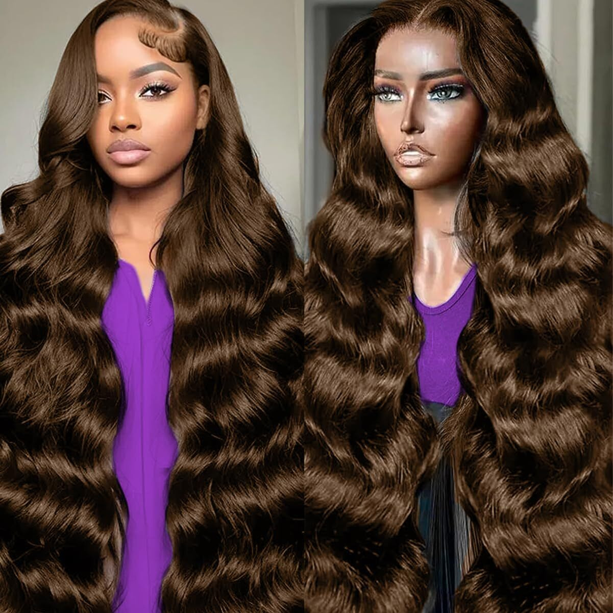 Kxbkxb 34 Inch Chocolate Brown Lace Front Wig Human Hair 220 Density 13X6 Hd Body Wave Lace Front Wigs Human Hair Pre Plucked Colored Frontal Wigs Human Hair Brown Wigs Human Hair Wigs For Women