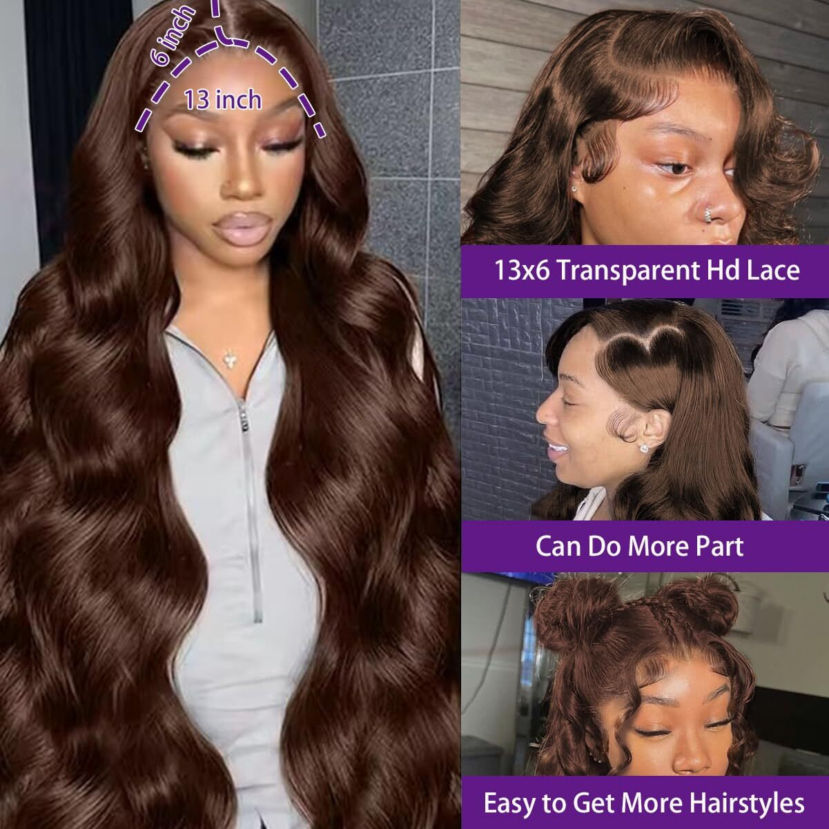 Kxbkxb 34 Inch Chocolate Brown Lace Front Wig Human Hair 220 Density 13X6 Hd Body Wave Lace Front Wigs Human Hair Pre Plucked Colored Frontal Wigs Human Hair Brown Wigs Human Hair Wigs For Women