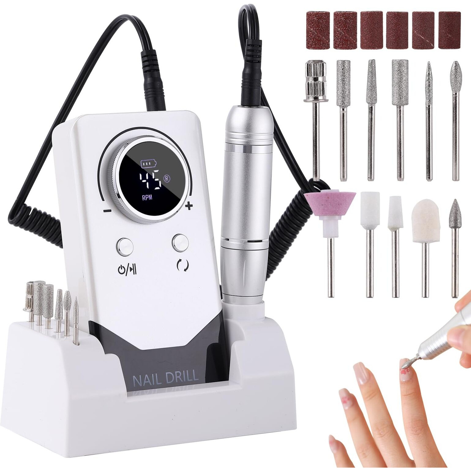 Electric 45000Rpm Nail Drill Machine Rechargeable Portable Nail File Electric Diy Nail Drill Kit With Smart Lcd Screen For Gel Nail Manicure And Pedicure Reflective Body Etc (White)