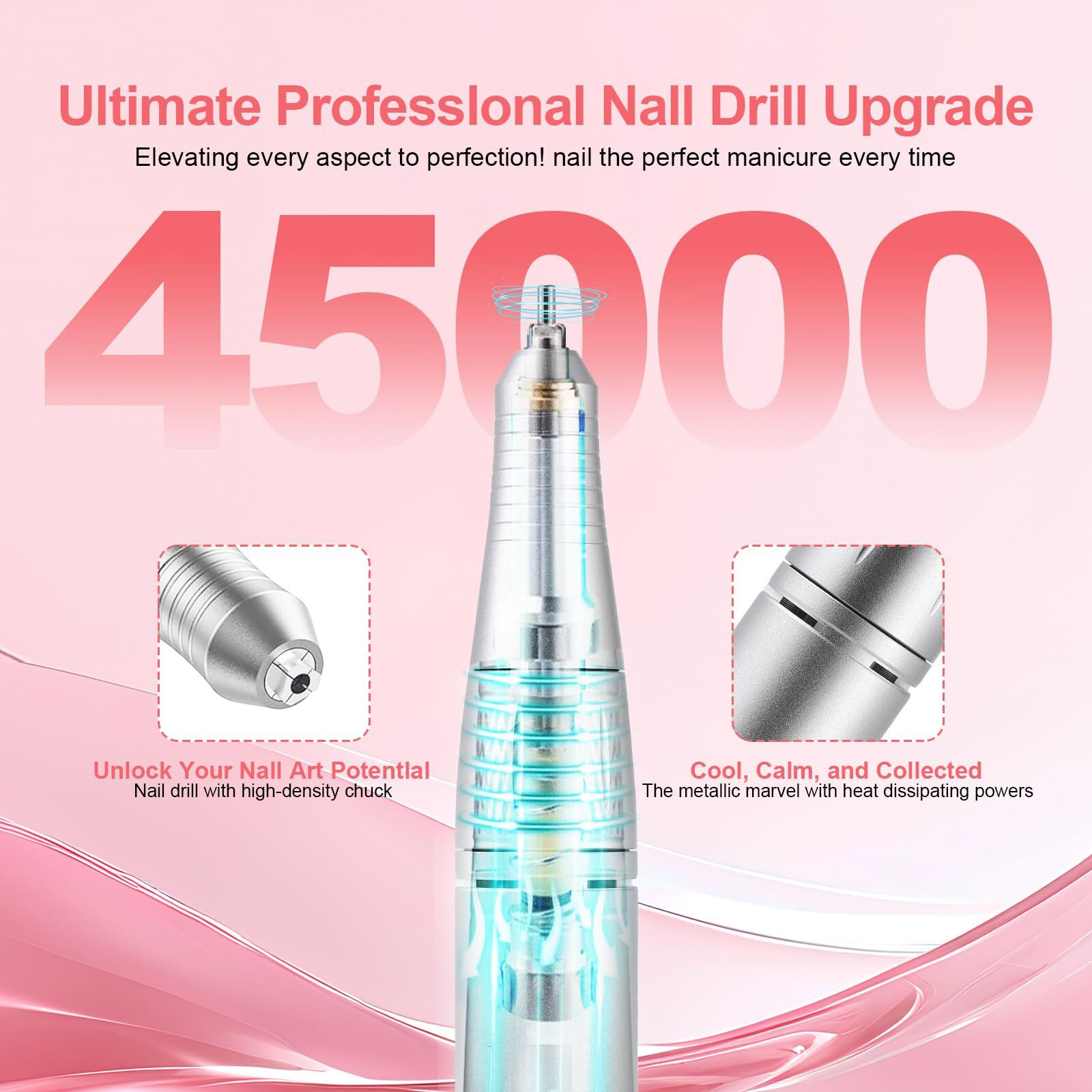 Electric 45000Rpm Nail Drill Machine Rechargeable Portable Nail File Electric Diy Nail Drill Kit With Smart Lcd Screen For Gel Nail Manicure And Pedicure Reflective Body Etc (White)