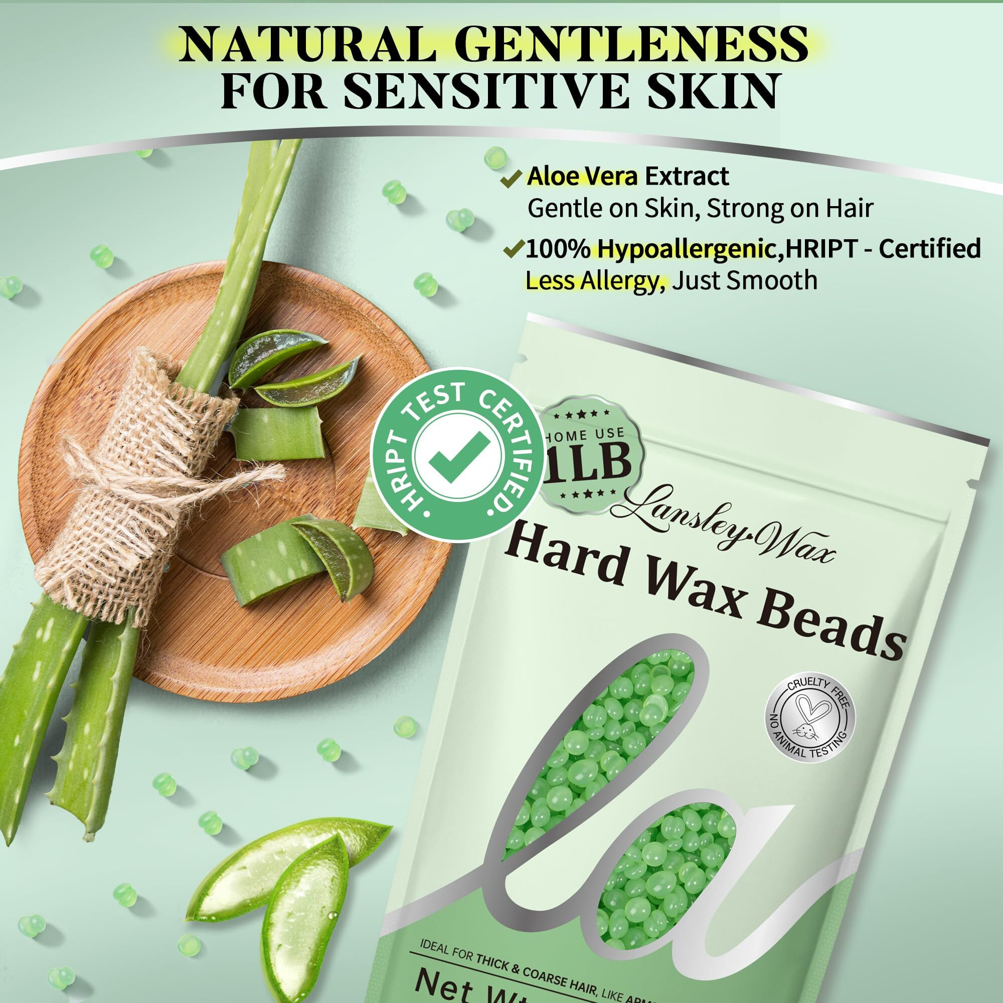 Lansleywax Aloe Hard Wax Beads, 1Lb Wax Beans For Sensitive Skin & Full-Body Hair Removal, Brazilian/Bikini/Face/Legs/Eyebrow/Armpit/Chest Waxing Refill At Home For Women & Men, Stripless Formula
