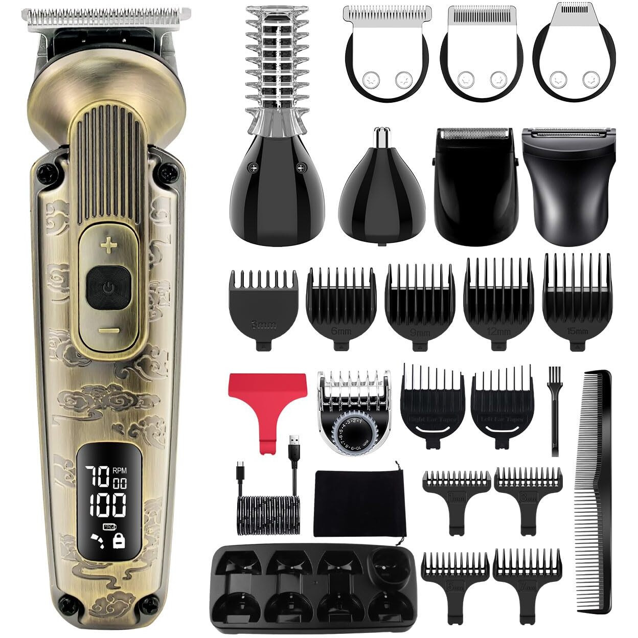 Hatteker Beard Trimmer Mustache Trimmer For Men 8 In 1 Adjustable Speed Waterproof Hair Clipper T-Blade Electic Razor Shavers Cordless Mens Gift Grooming Kit With Face Nose Body (Bronze)