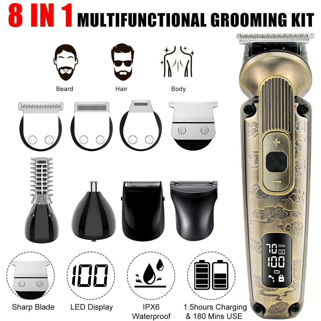 Hatteker Beard Trimmer Mustache Trimmer For Men 8 In 1 Adjustable Speed Waterproof Hair Clipper T-Blade Electic Razor Shavers Cordless Mens Gift Grooming Kit With Face Nose Body (Bronze)