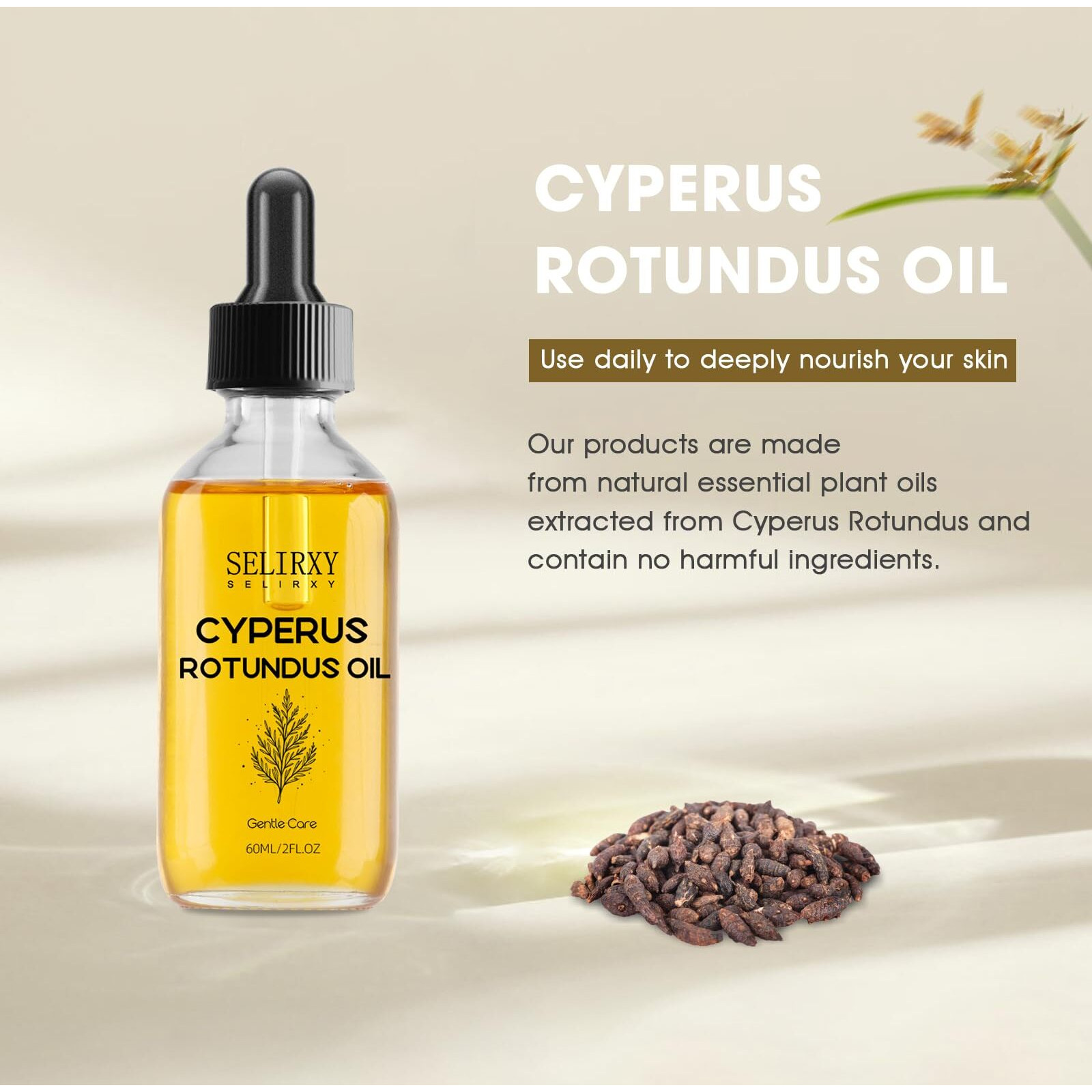 Selirxy Cyperus Rotundus Oil For Sensitive Skin, Shave Oil For Men And Women, 100% Pure Natural Exclusive Formula For Reducing Body Hair Growth, Deep Moisturizing & Skin Soothing - 60Ml