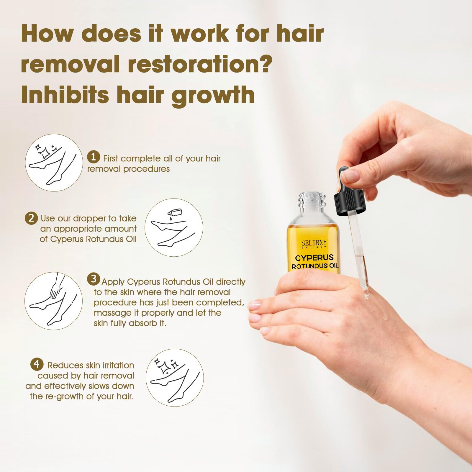 Selirxy Cyperus Rotundus Oil For Sensitive Skin, Shave Oil For Men And Women, 100% Pure Natural Exclusive Formula For Reducing Body Hair Growth, Deep Moisturizing & Skin Soothing - 60Ml