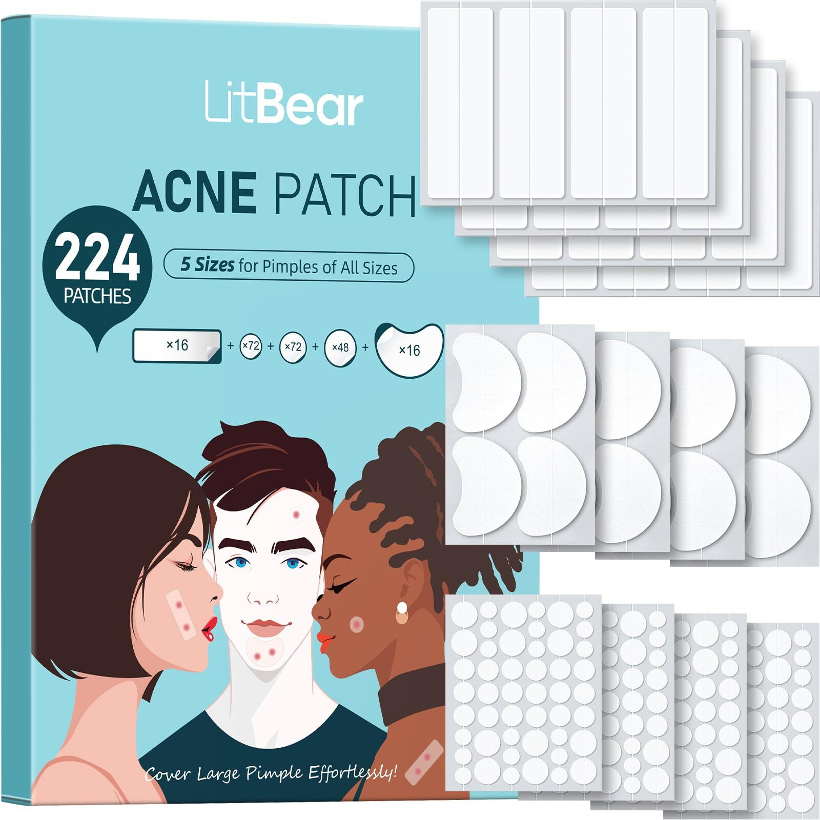 Litbear Large Pimple Patches, 5 Size 224 Count Big Acne Patches For Face, Chin, Forehead And Body, Zit Patches For Dots, Blemishes And Large Breakouts, Hydrocolloid Patch (Xl Strip, Contoured, Round)