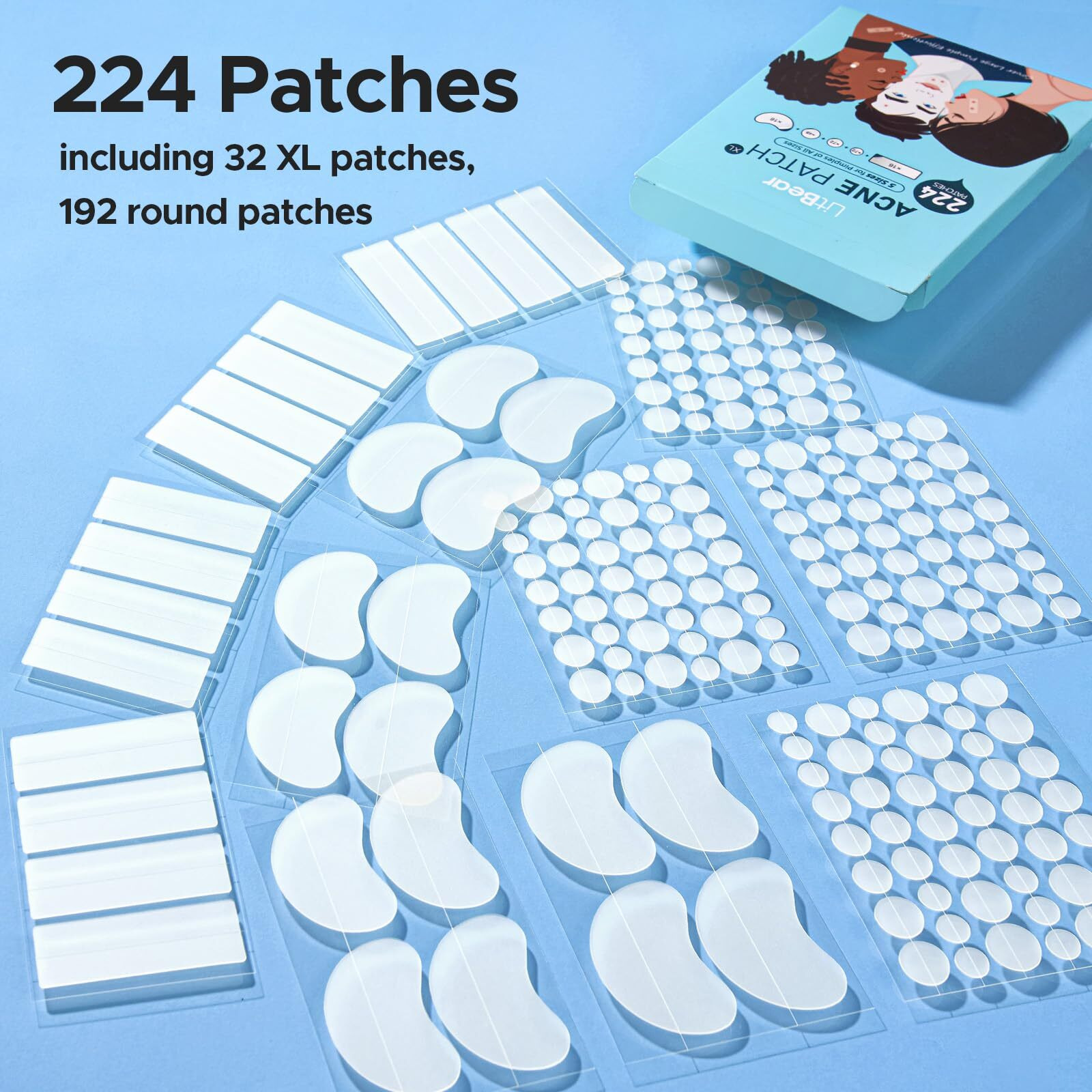 Litbear Large Pimple Patches, 5 Size 224 Count Big Acne Patches For Face, Chin, Forehead And Body, Zit Patches For Dots, Blemishes And Large Breakouts, Hydrocolloid Patch (Xl Strip, Contoured, Round)