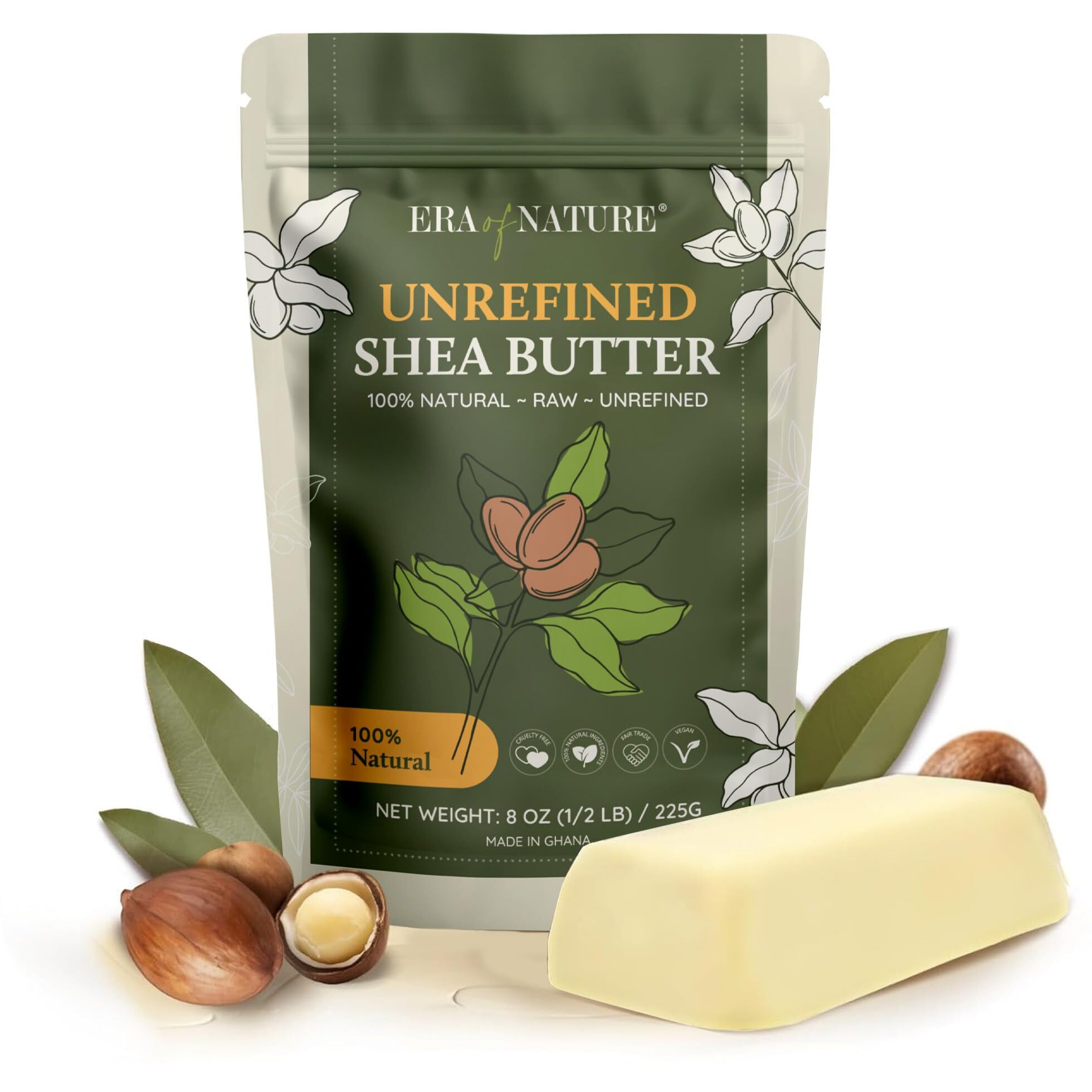 Era Of Nature Organic Unrefined Raw African Ivory White Shea Butter 8Oz - Moisturizing Raw Shea Butter Bar For Skin & Hair, Diy Lip Balm Base, Cream, Soap & Lotion Making Supplies Kit, Skincare