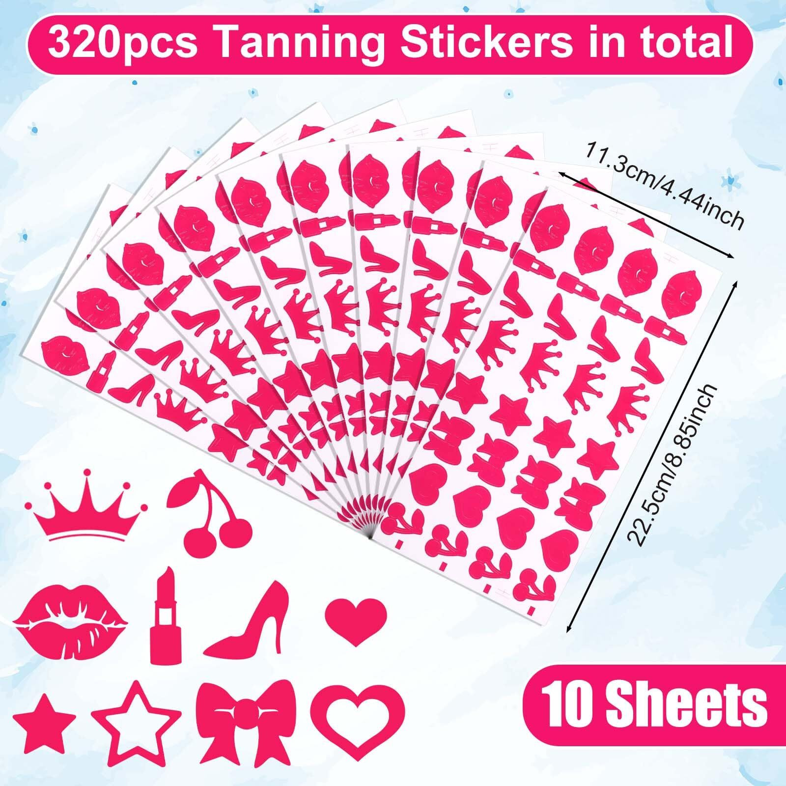 320Pcs Tanning Stickers, Cute Sunbathing Stickers Self Adhesive Tanning Heart Lips Bow Star Cherry Sun Tan Stickers Decals For Body Summer Beach (8 Styles)