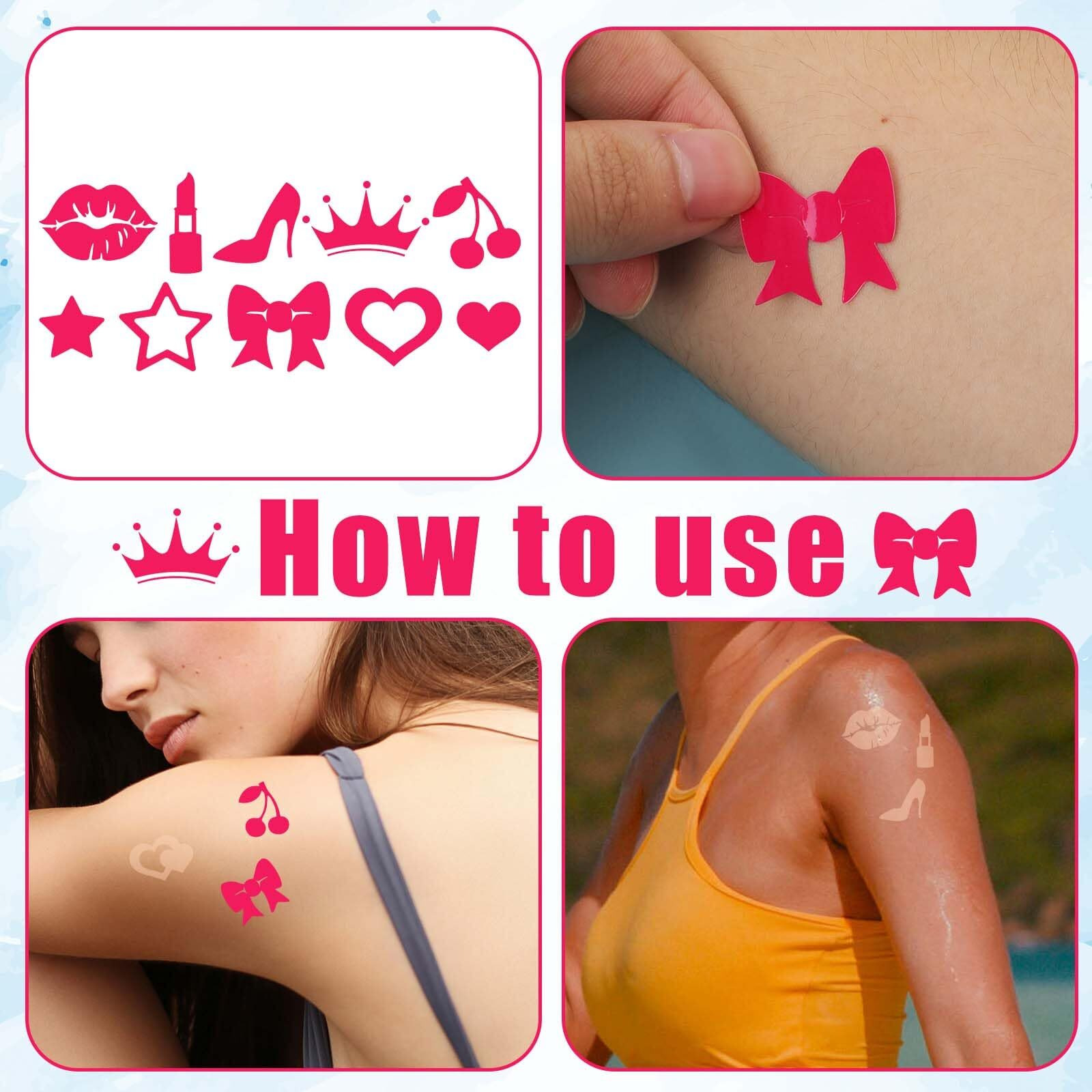 320Pcs Tanning Stickers, Cute Sunbathing Stickers Self Adhesive Tanning Heart Lips Bow Star Cherry Sun Tan Stickers Decals For Body Summer Beach (8 Styles)