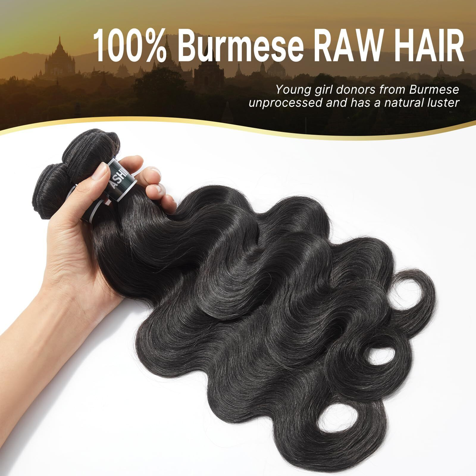 Ashine Hair Bundles Unprocessed Burmese Raw Human Hair, 50% Less Shedding And Tangling Than Regular, 3 Bundles Body Wave 26 28 30 In Natural Black