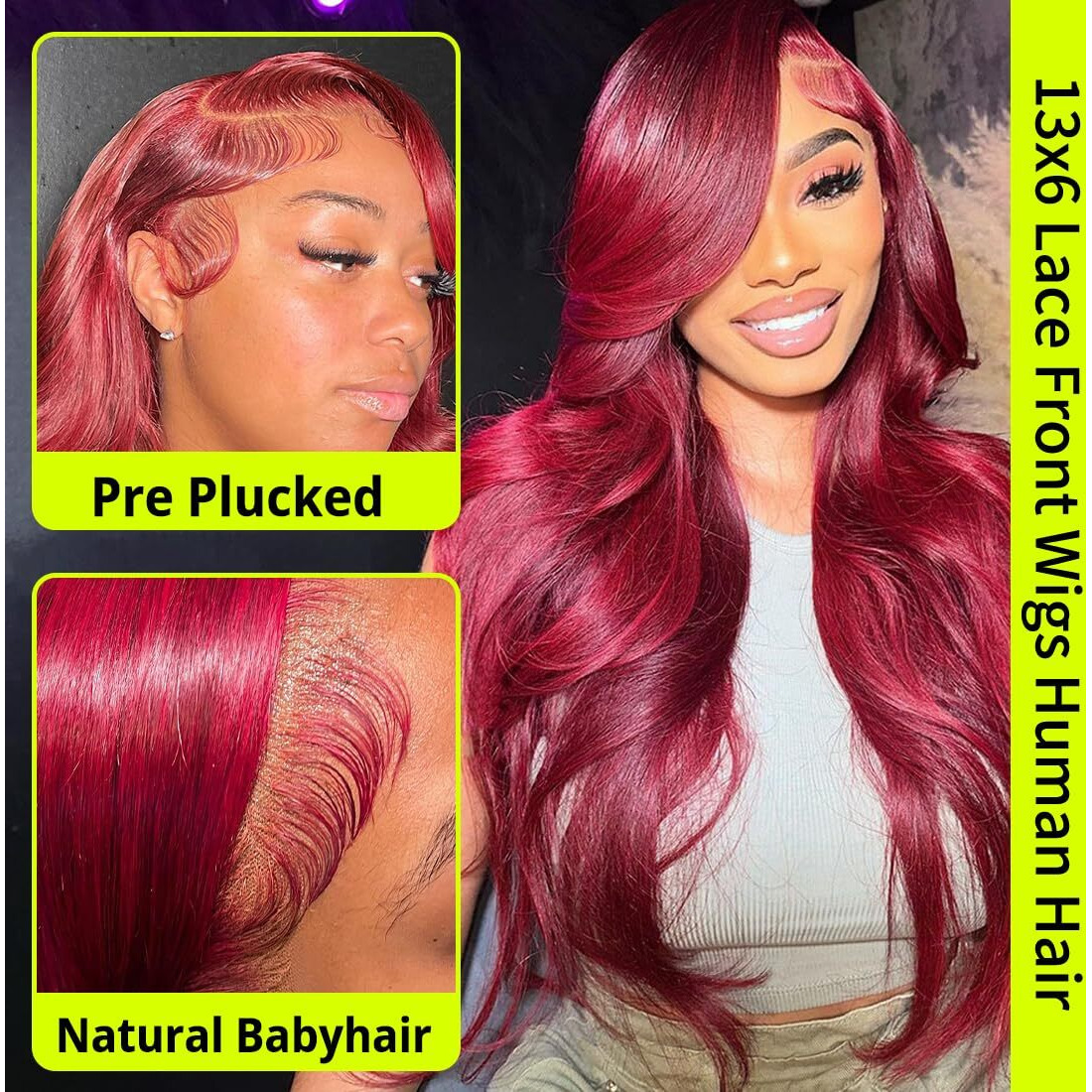 Erqq 13X6 Wigs Human Hair 99J Burgundy 24Inch Body Wave Lace Front Wigs Human Hair Pre Plucked Red Wig Wine Red Lace Front Wigs With Baby Hair 180 Density