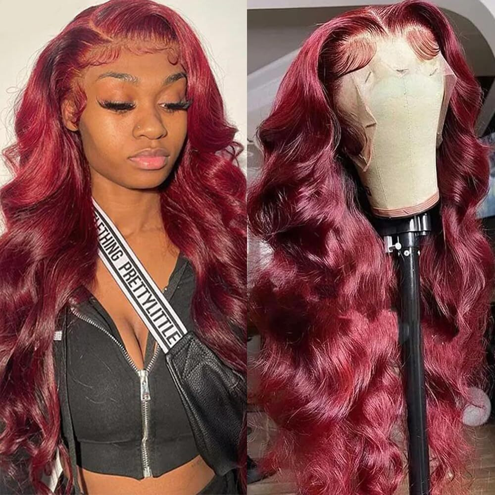 13X4 99J Body Wave Wig Burgundy Lace Front Wigs Human Hair 200% Density 30 Inch Hd Transparent Body Wave Frontal Wig Pre Plucked With Baby Hair Red Wine Wigs For Women