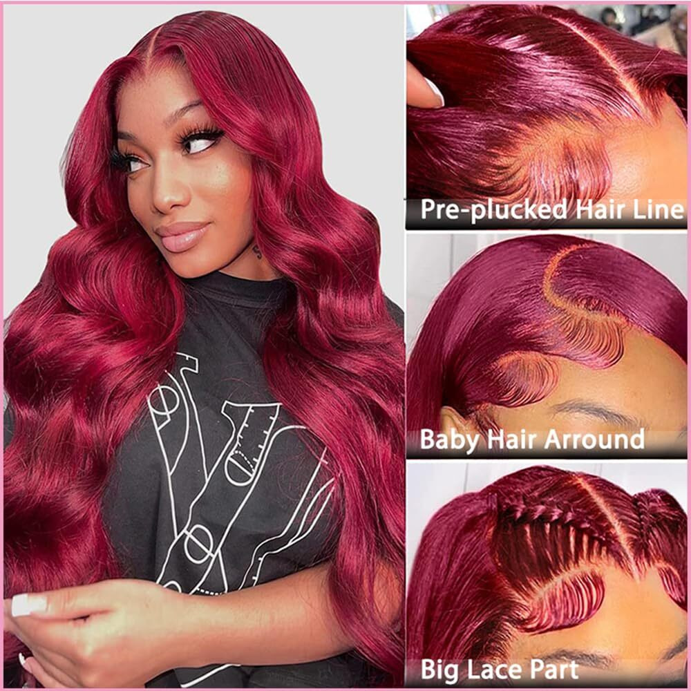 13X4 99J Body Wave Wig Burgundy Lace Front Wigs Human Hair 200% Density 30 Inch Hd Transparent Body Wave Frontal Wig Pre Plucked With Baby Hair Red Wine Wigs For Women