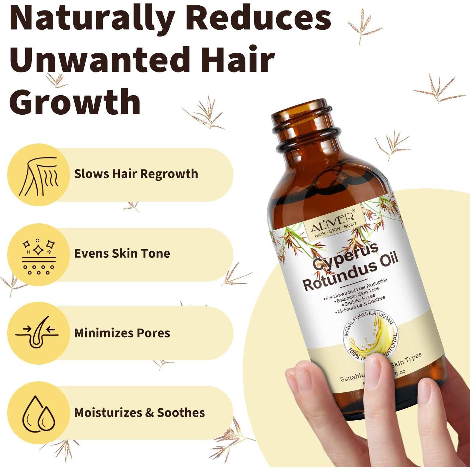 Cyperus Rotundus Oil For Hair Removal, 100% Pure Natural Body And Facial Hair Removal For Women, Reduces Unwanted Hair Growth After Shave, Shrink Pores, Hydrates, Soothes And Repairs Skin