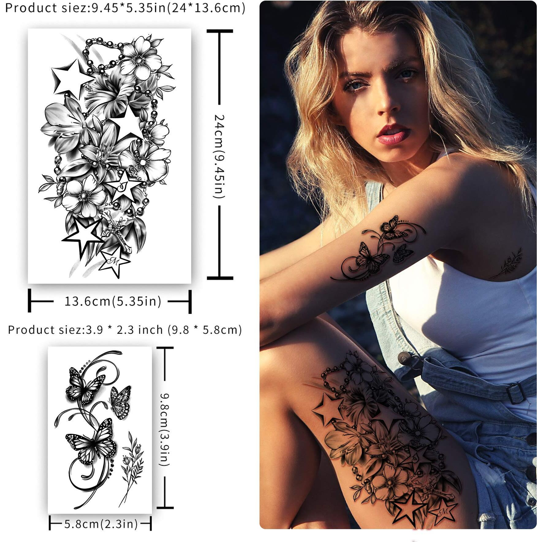 40 Sheets Waterproof Temporary Tattoos Flowers Rose Butterfly Fake Tattoo Mix Style Lasting Body Art Tattoo Stickers For Women Or Girls