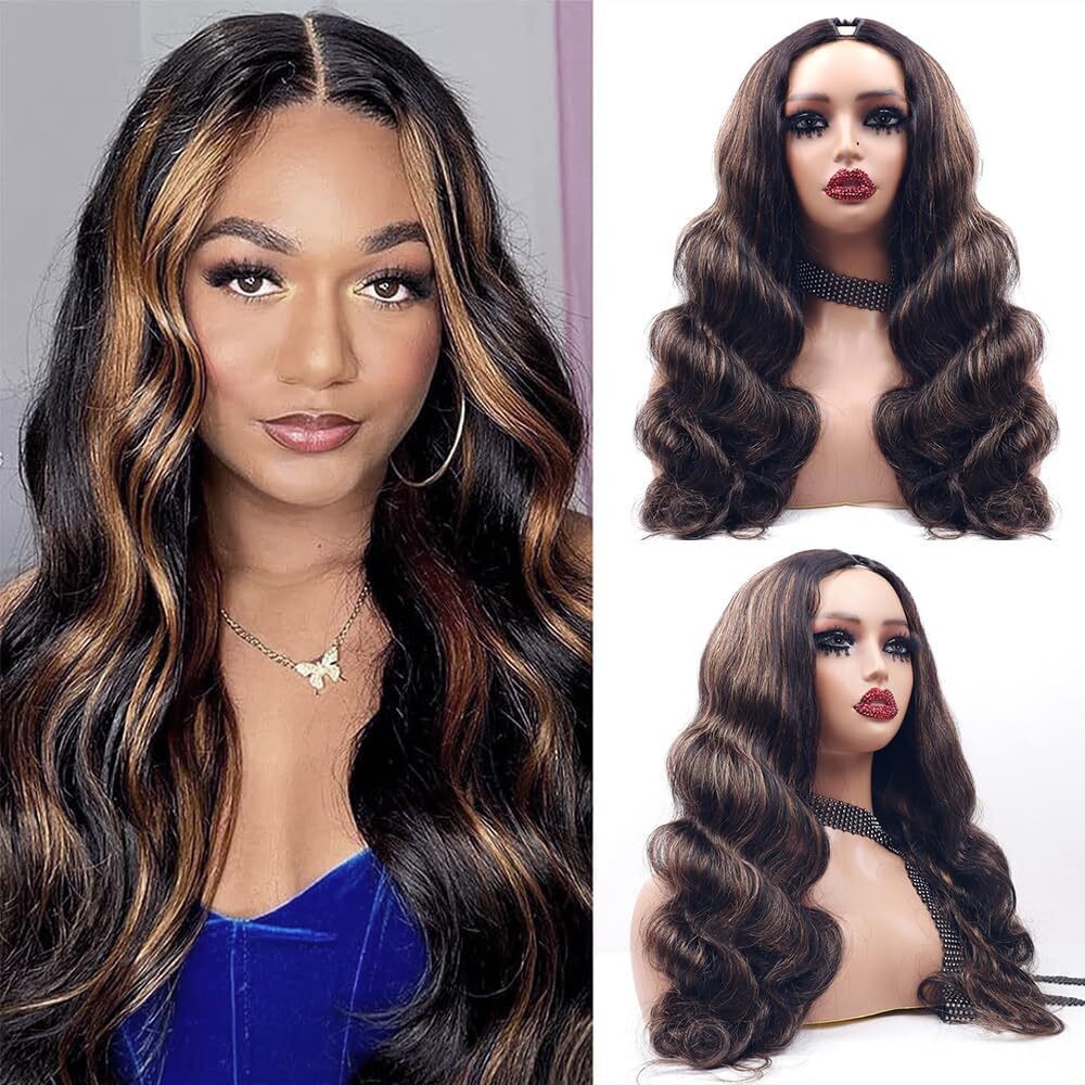 Xagujpo Fb30 Ombre Brown Body Wave V Part Wigs Human Hair Upgrade U Part Human Hair Wigs For Black Women Balayage Highlight Glueless U Part Wig No Sew In 180% Density 20Inch