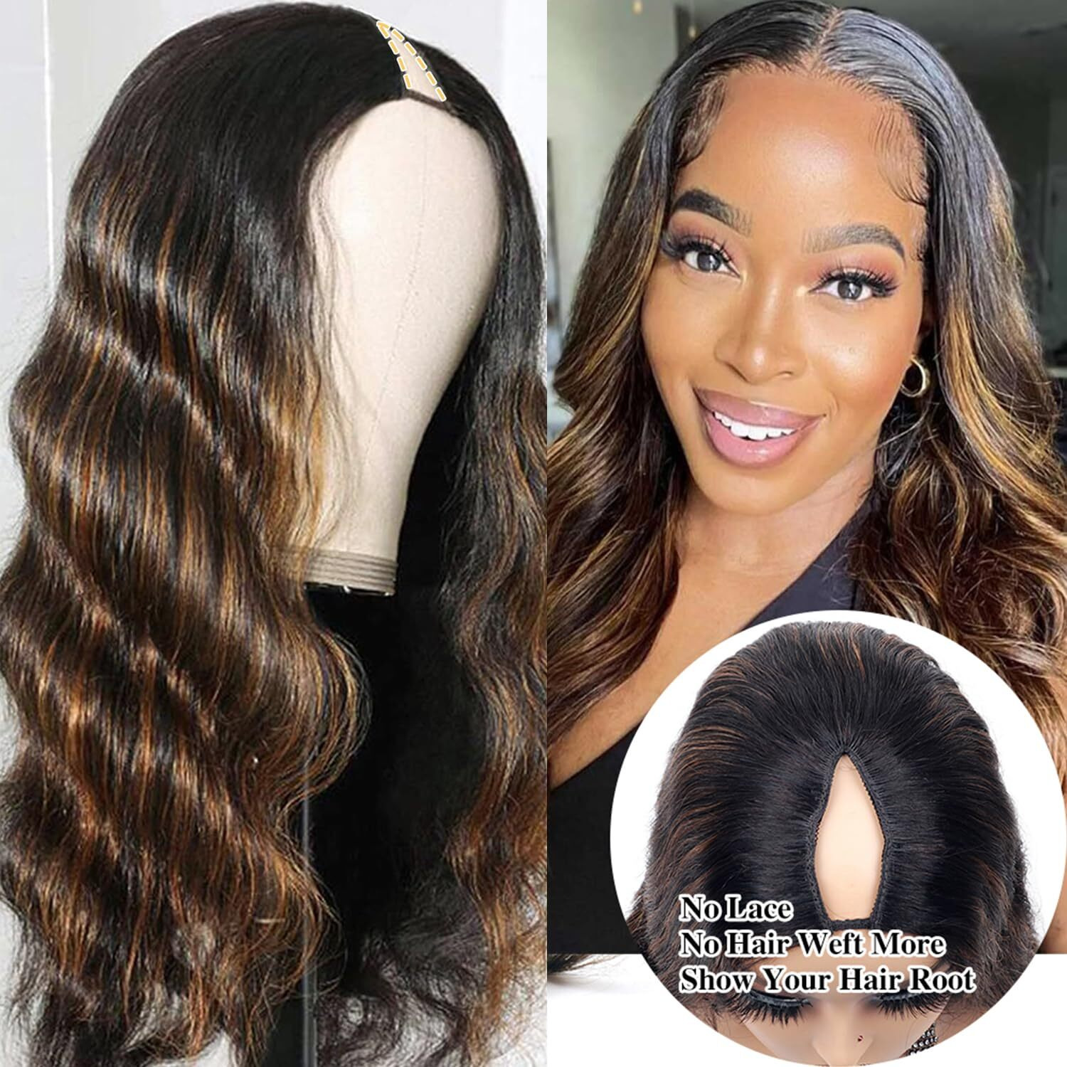 Xagujpo Fb30 Ombre Brown Body Wave V Part Wigs Human Hair Upgrade U Part Human Hair Wigs For Black Women Balayage Highlight Glueless U Part Wig No Sew In 180% Density 20Inch